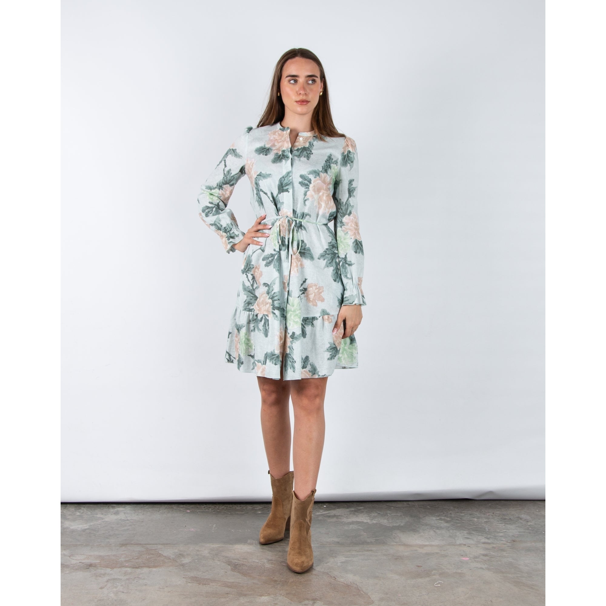 Luisa Cerano Rose Print Ramie Midi Dress With Tie Waist Pastel Rose