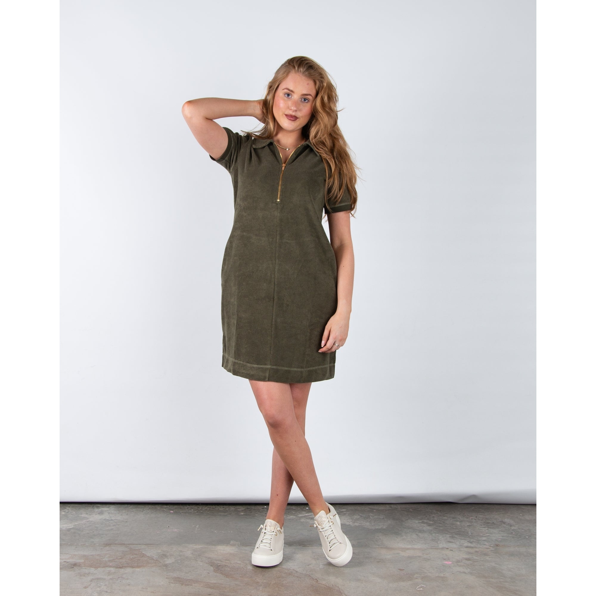 Riani Towelling Dress With Zip Neck And Shirt Collar Khaki