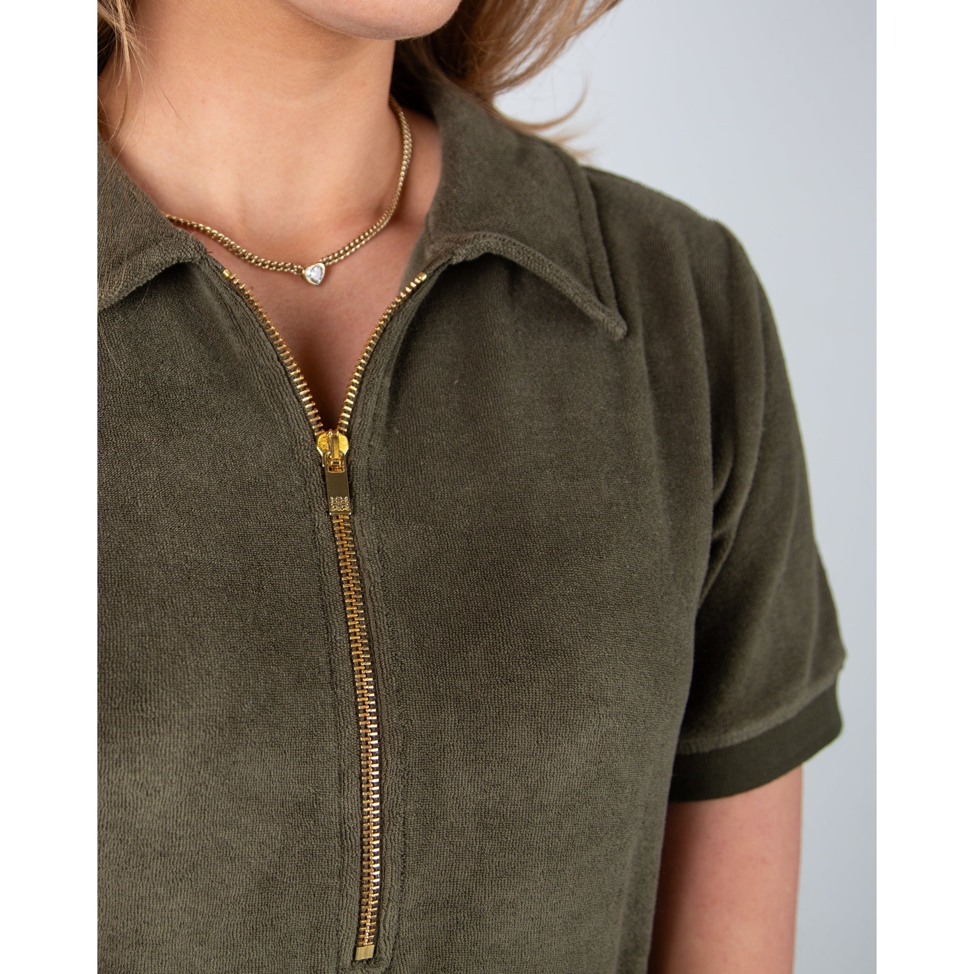 Riani Towelling Dress With Zip Neck And Shirt Collar Khaki
