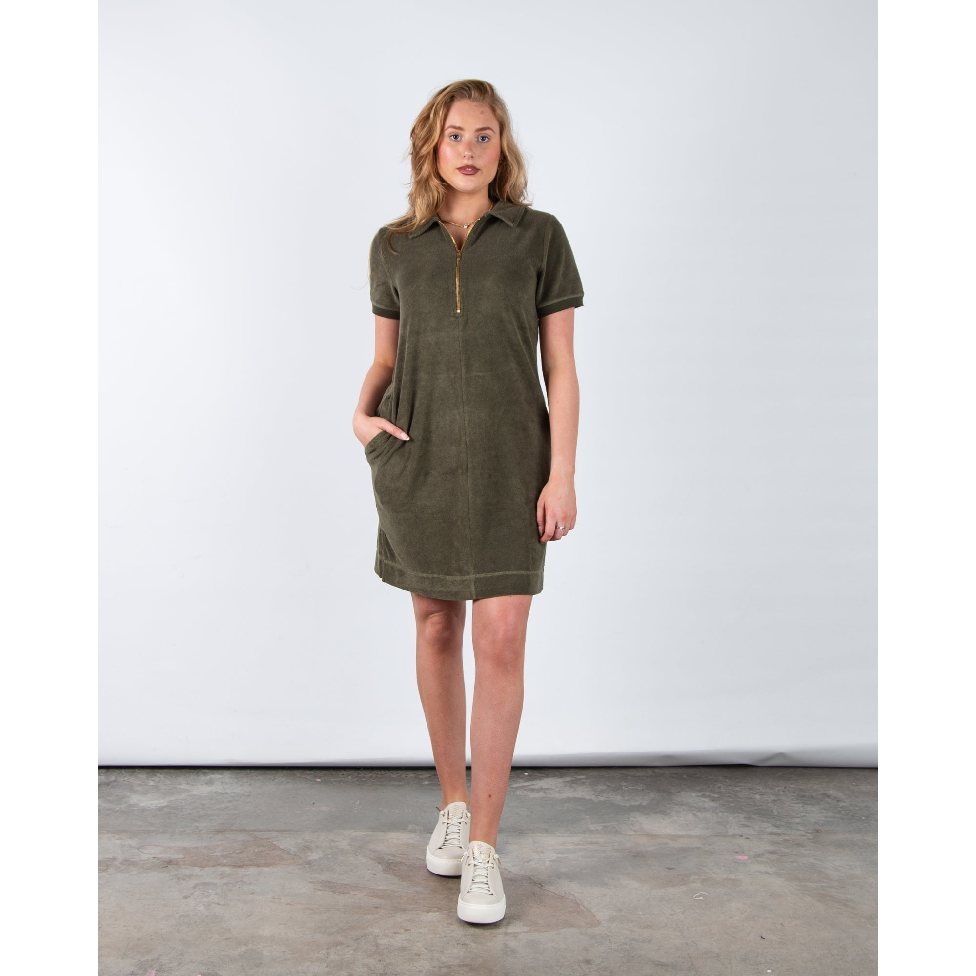 Riani Towelling Dress With Zip Neck And Shirt Collar Khaki
