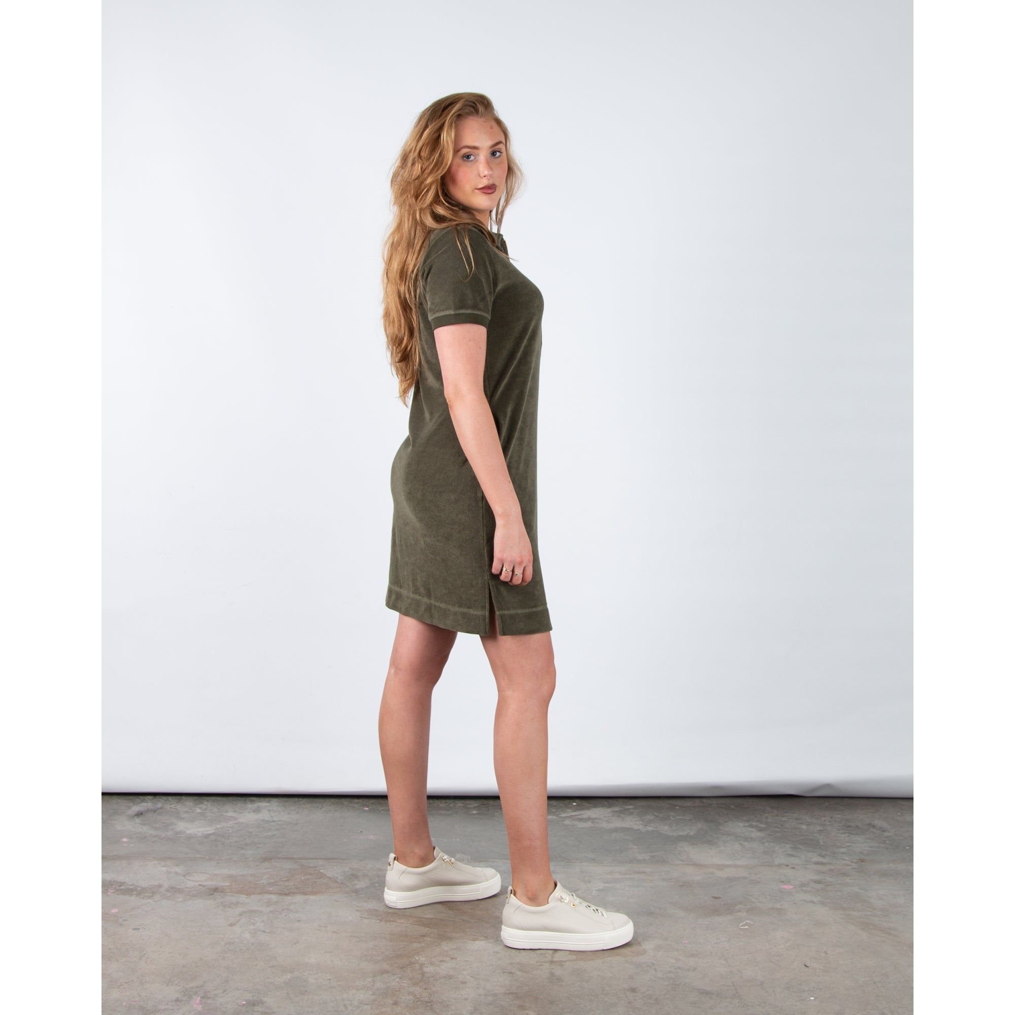 Riani Towelling Dress With Zip Neck And Shirt Collar Khaki