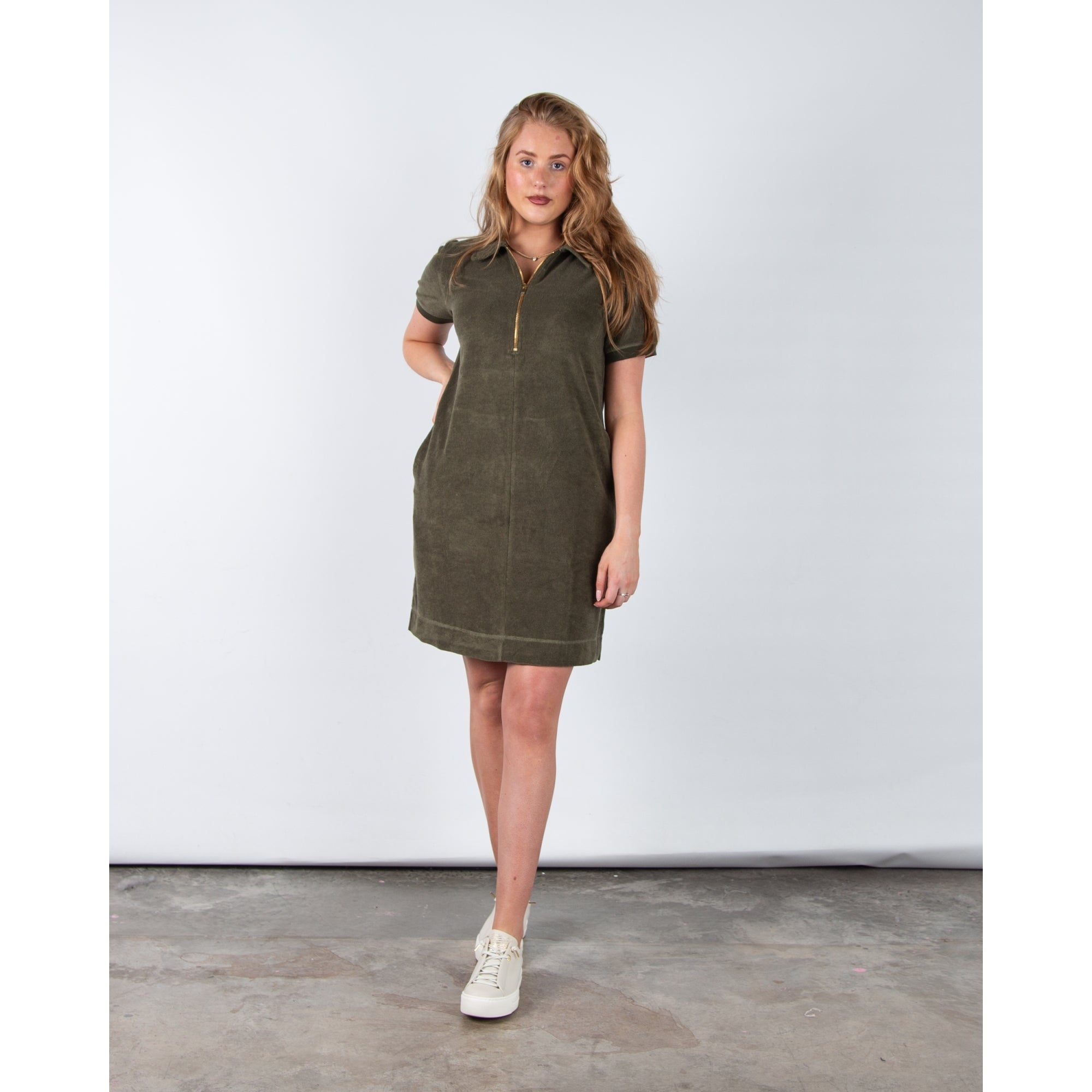 Riani Towelling Dress With Zip Neck And Shirt Collar Khaki