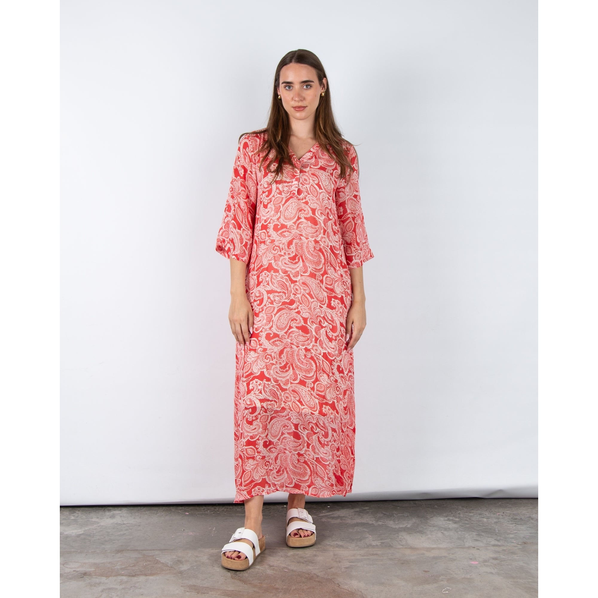 Part Two Berit Loose Bodied V Neck Paisley Print Dress Coral/ecru