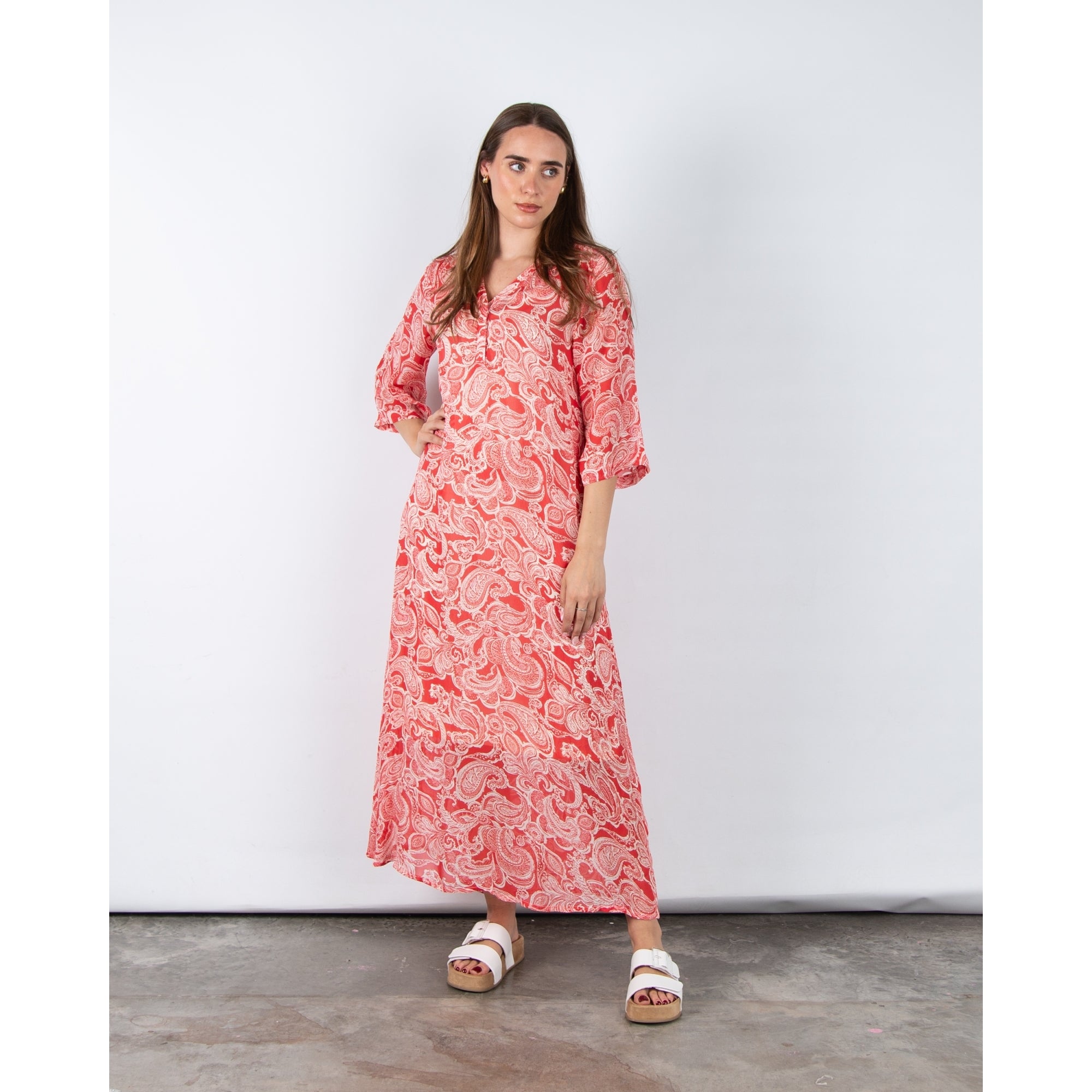 Part Two Berit Loose Bodied V Neck Paisley Print Dress Coral/ecru