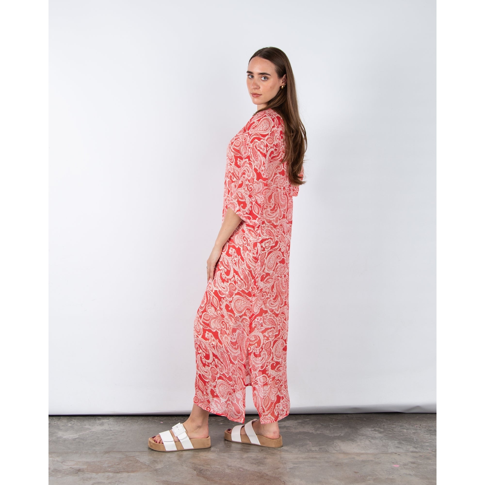 Part Two Berit Loose Bodied V Neck Paisley Print Dress Coral/ecru