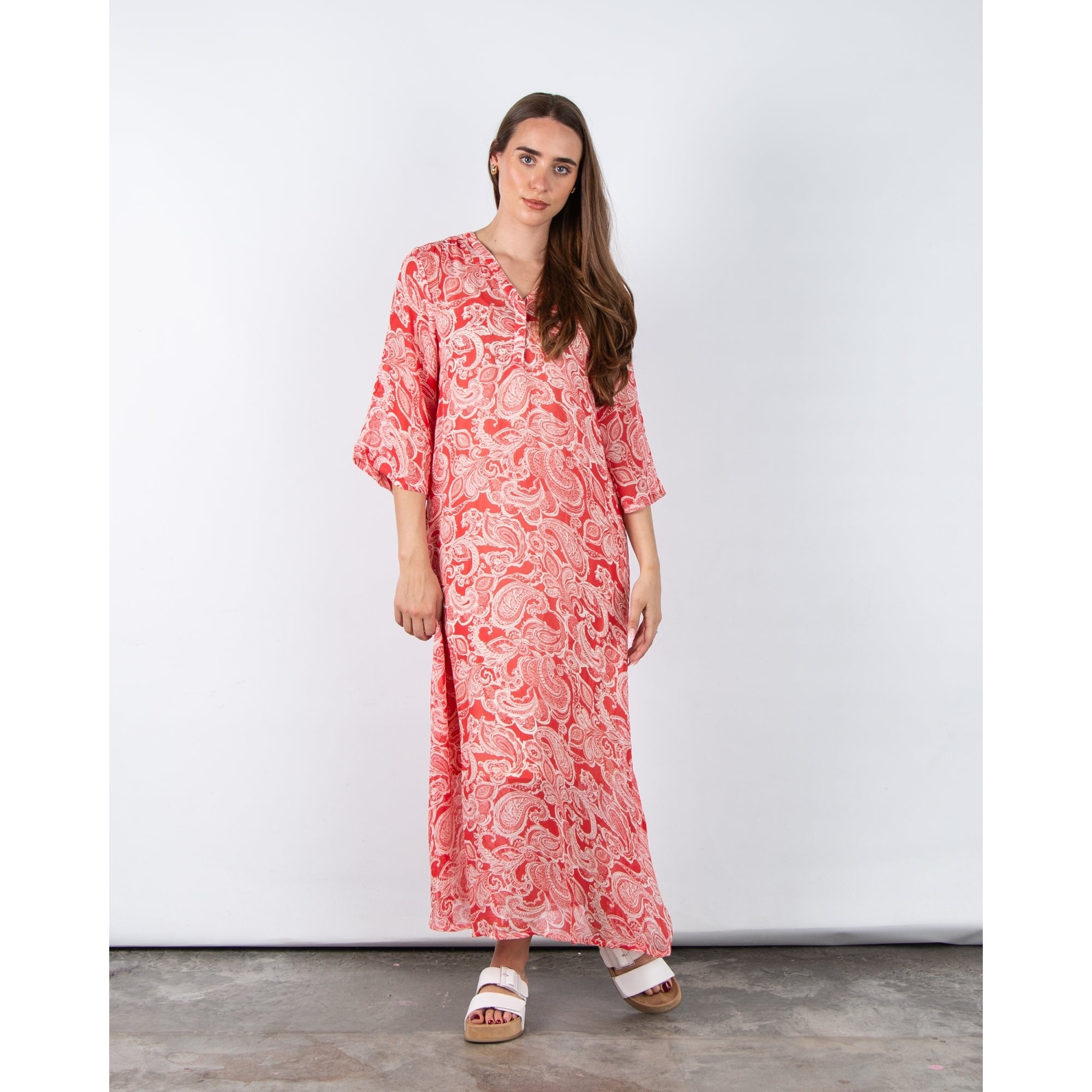 Part Two Berit Loose Bodied V Neck Paisley Print Dress Coral/ecru