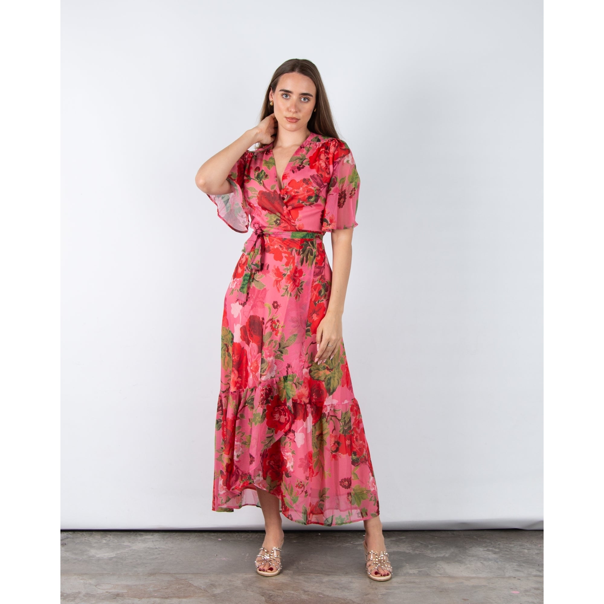 Hope And Ivy Roxanne Rose Print Wrap Dress With Tiered Hem Pink/red