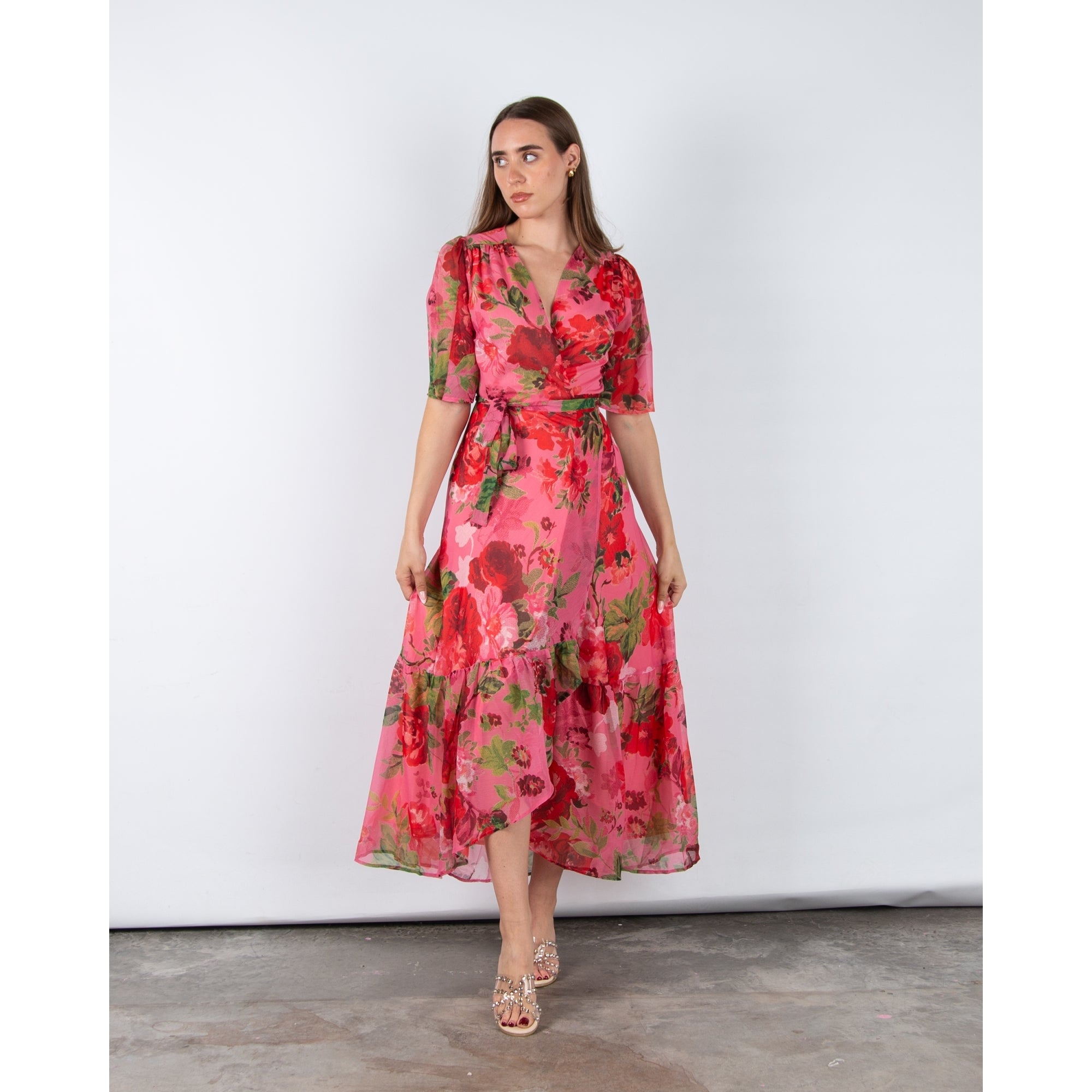 Hope And Ivy Roxanne Rose Print Wrap Dress With Tiered Hem Pink/red