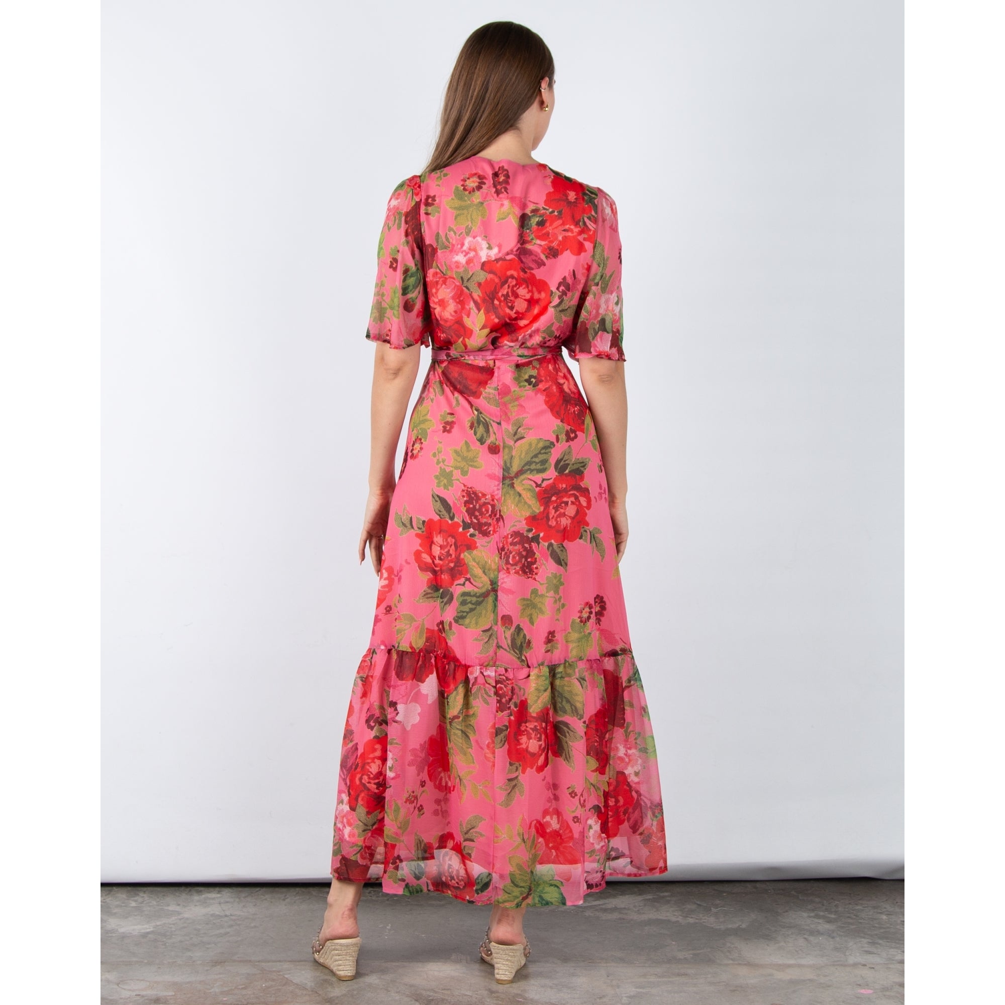 Hope And Ivy Roxanne Rose Print Wrap Dress With Tiered Hem Pink/red