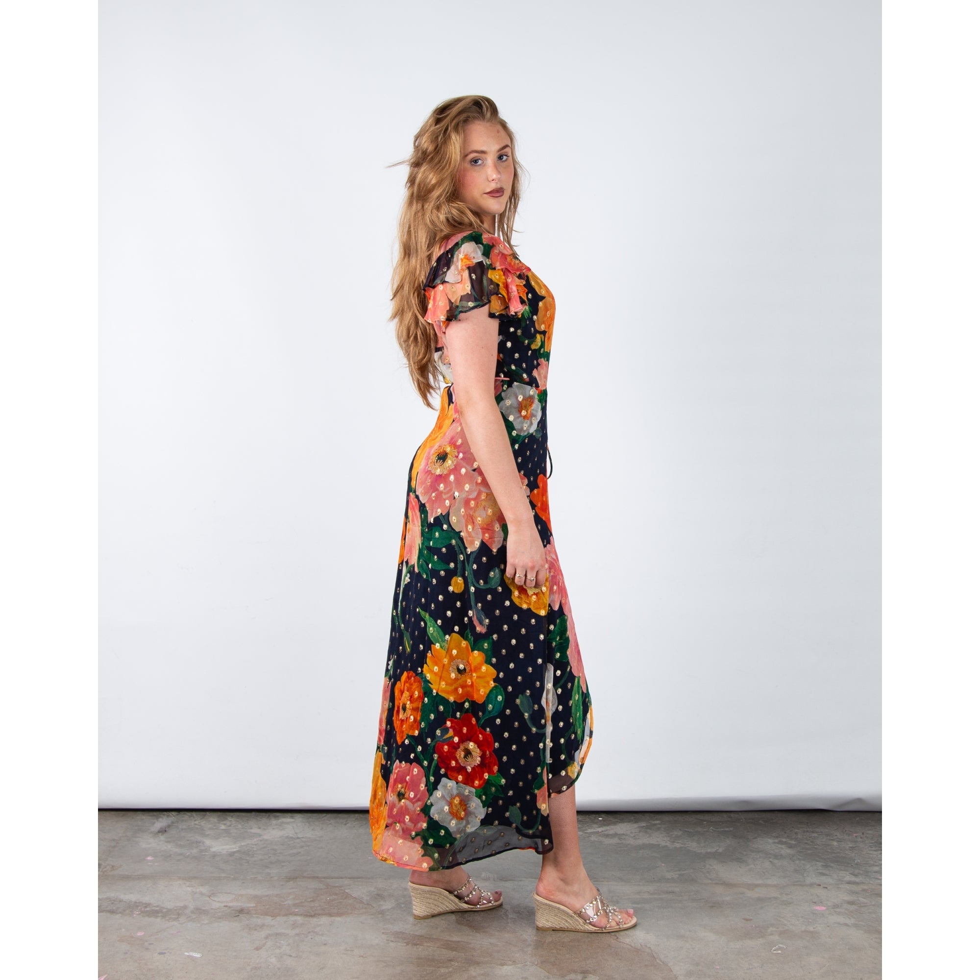 Hope And Ivy Marlene Floral V Neck Wrap Dress With Lurex Spots Navy Multi