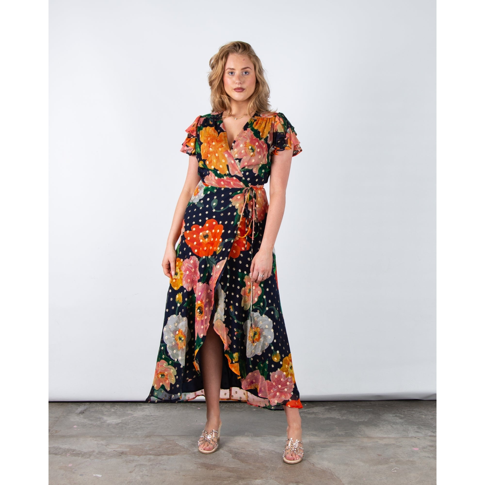 Hope And Ivy Marlene Floral V Neck Wrap Dress With Lurex Spots Navy Multi