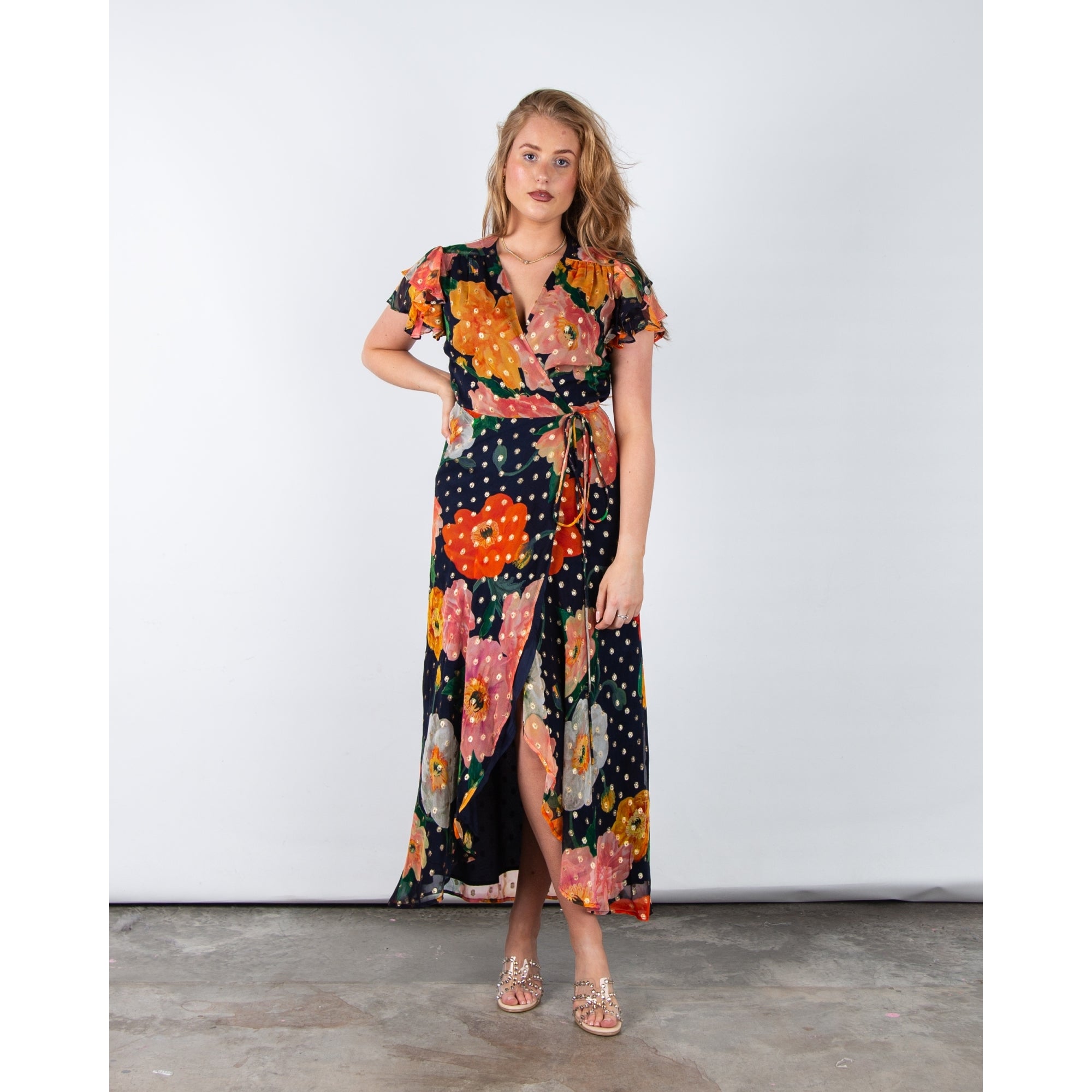 Hope And Ivy Marlene Floral V Neck Wrap Dress With Lurex Spots Navy Multi