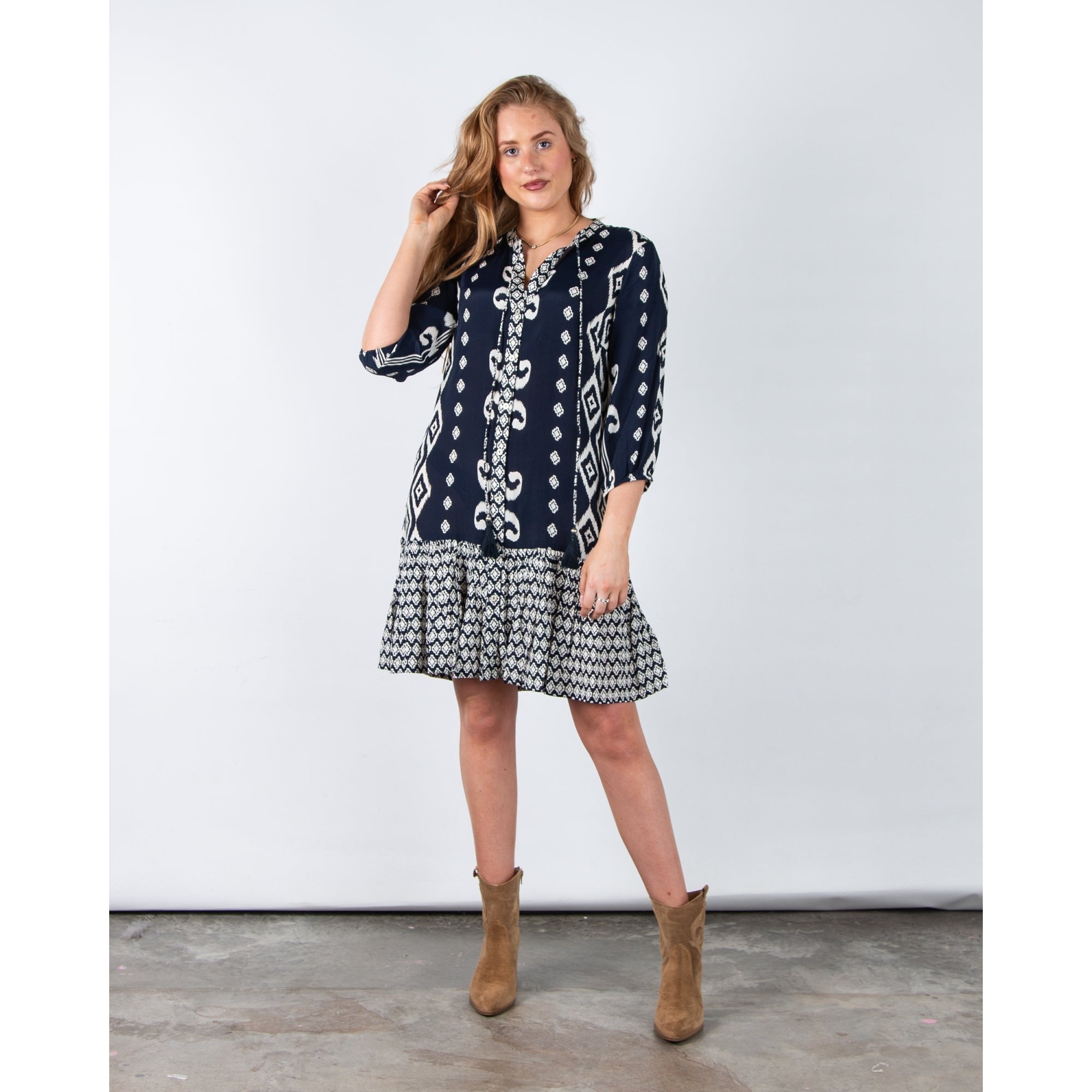 Pomodoro Tie Neck Ikat Print Shift Dress With Tiered Hem Navy/white