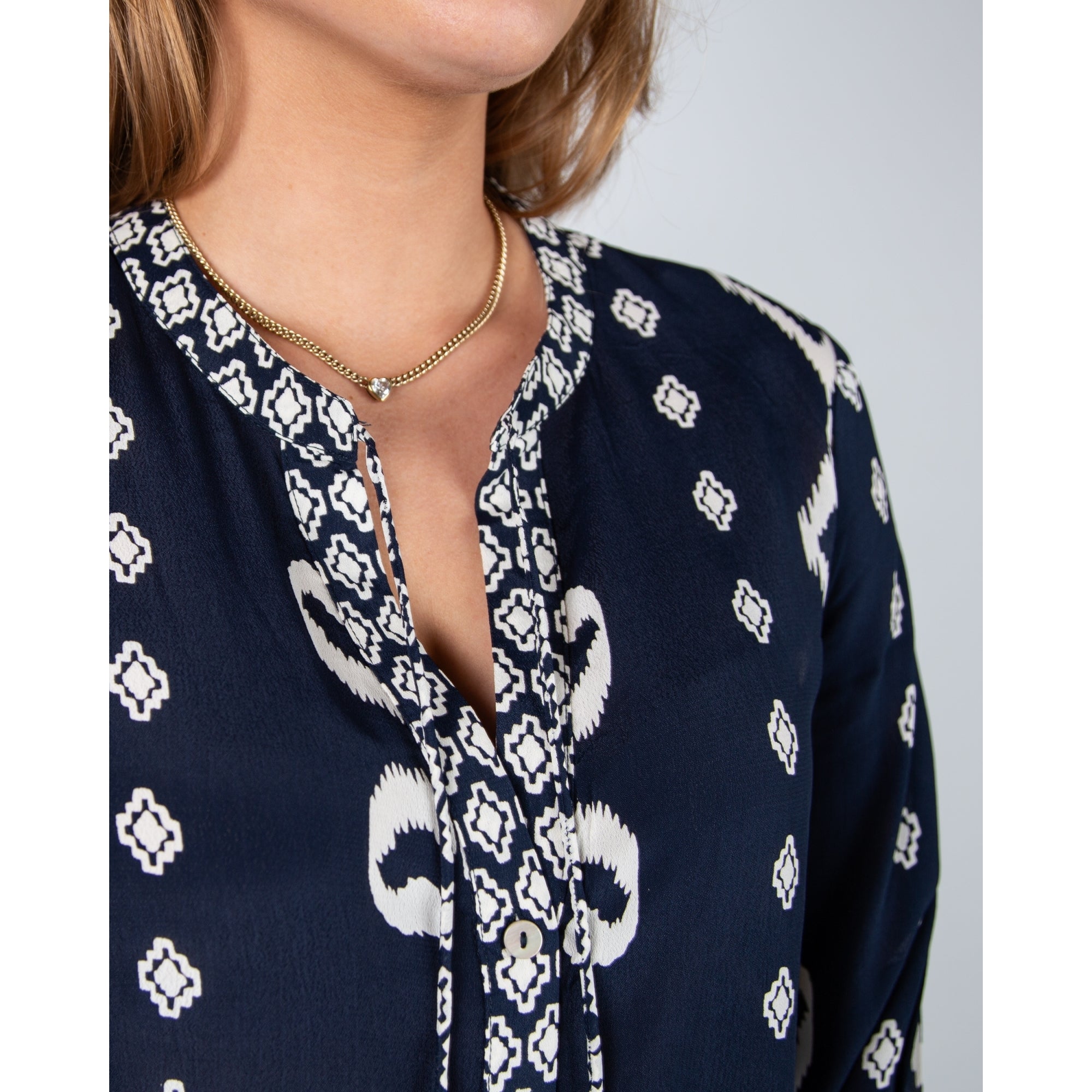 Pomodoro Tie Neck Ikat Print Shift Dress With Tiered Hem Navy/white