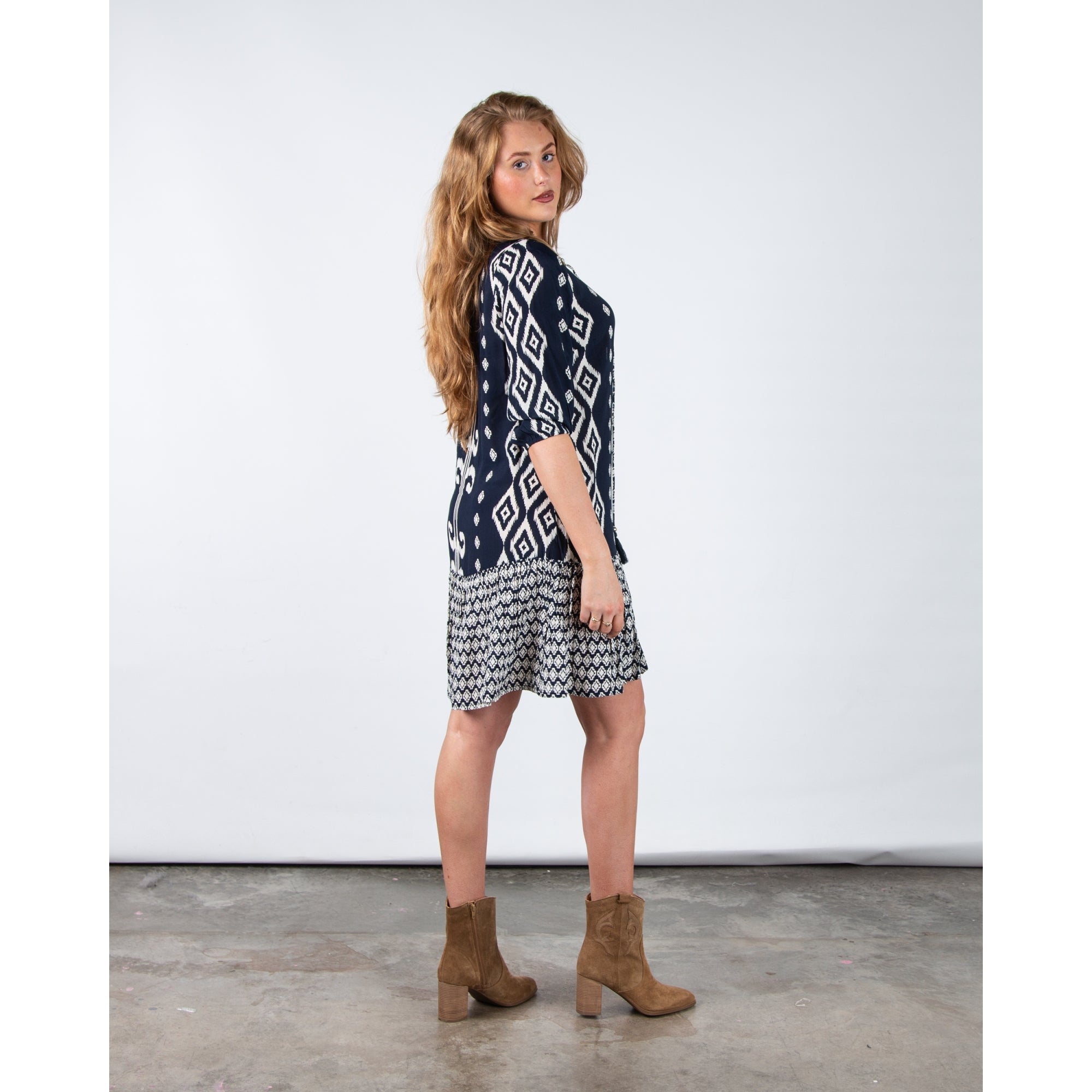 Pomodoro Tie Neck Ikat Print Shift Dress With Tiered Hem Navy/white