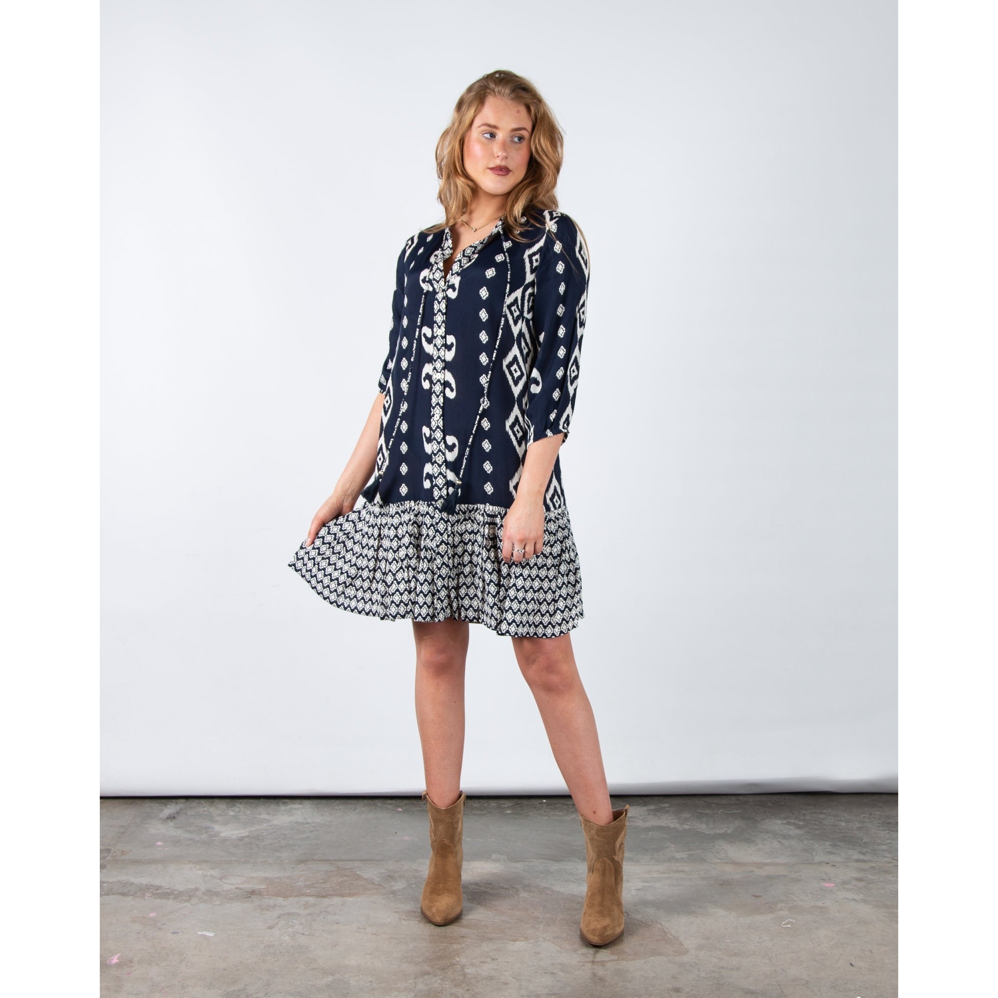 Pomodoro Tie Neck Ikat Print Shift Dress With Tiered Hem Navy/white