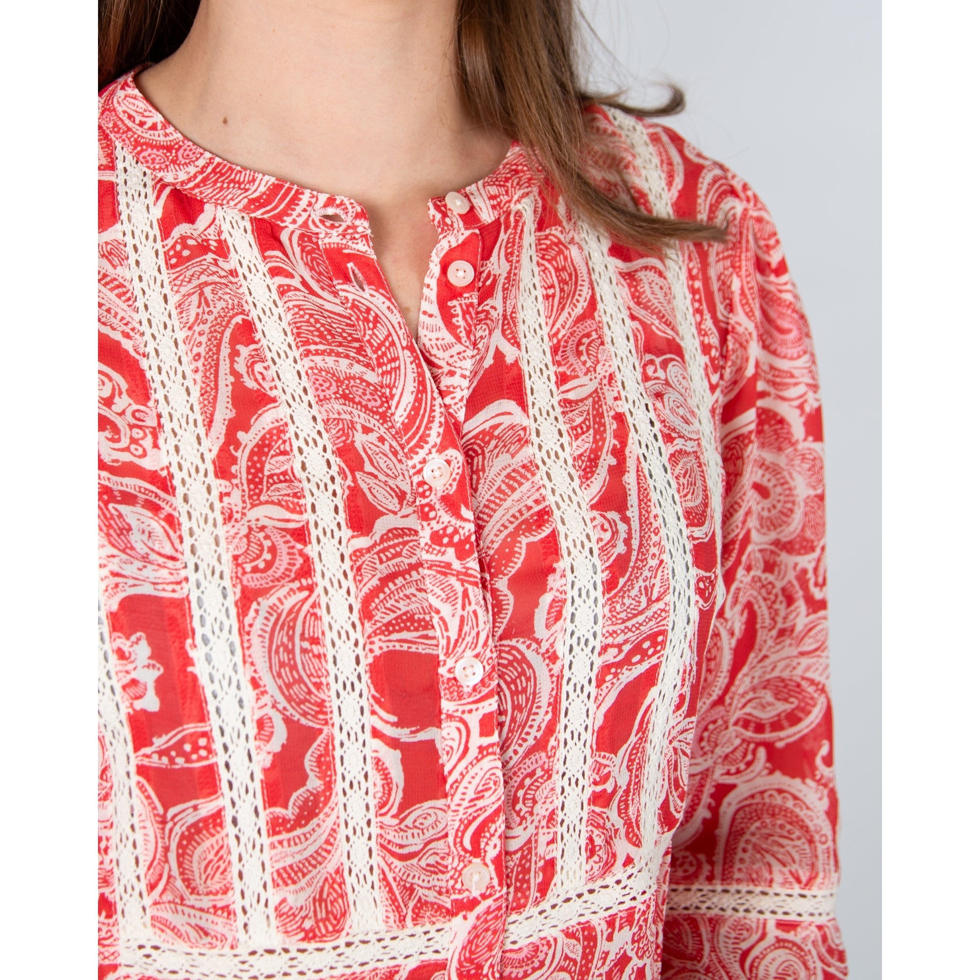 Part Two Nesma Paisley Print Blouse With Embroidered Ribbon Trim Coral/ecru