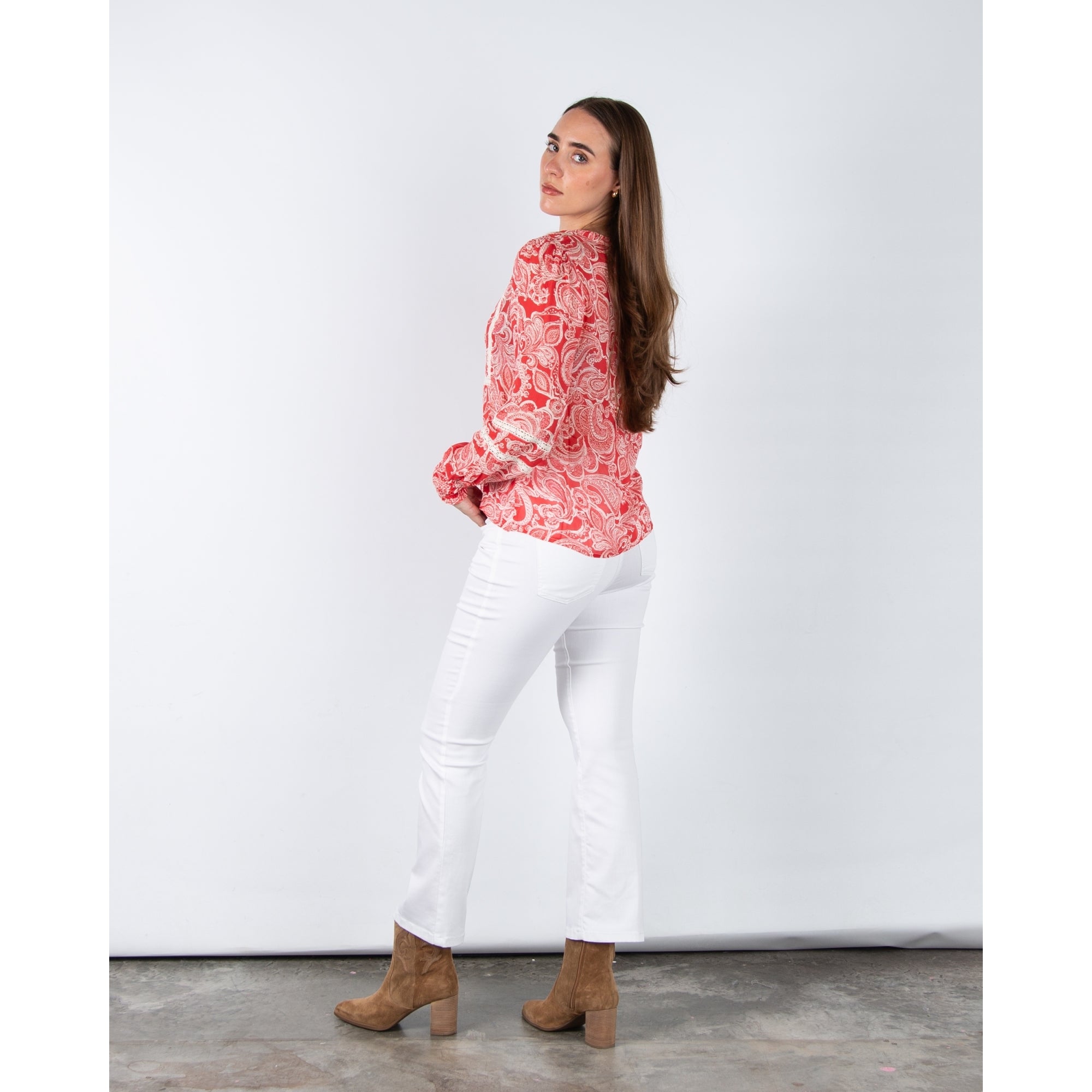 Part Two Nesma Paisley Print Blouse With Embroidered Ribbon Trim Coral/ecru