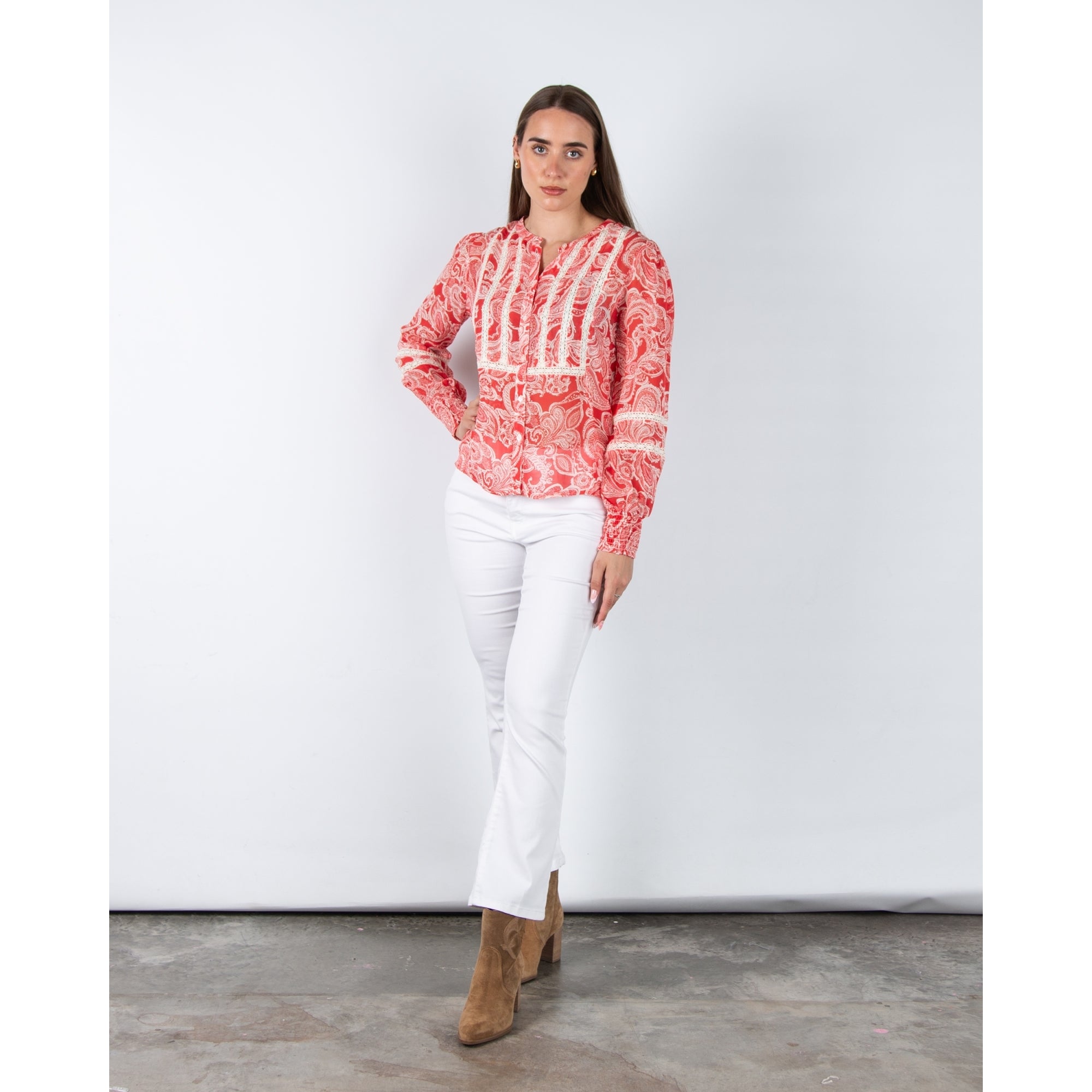 Part Two Nesma Paisley Print Blouse With Embroidered Ribbon Trim Coral/ecru