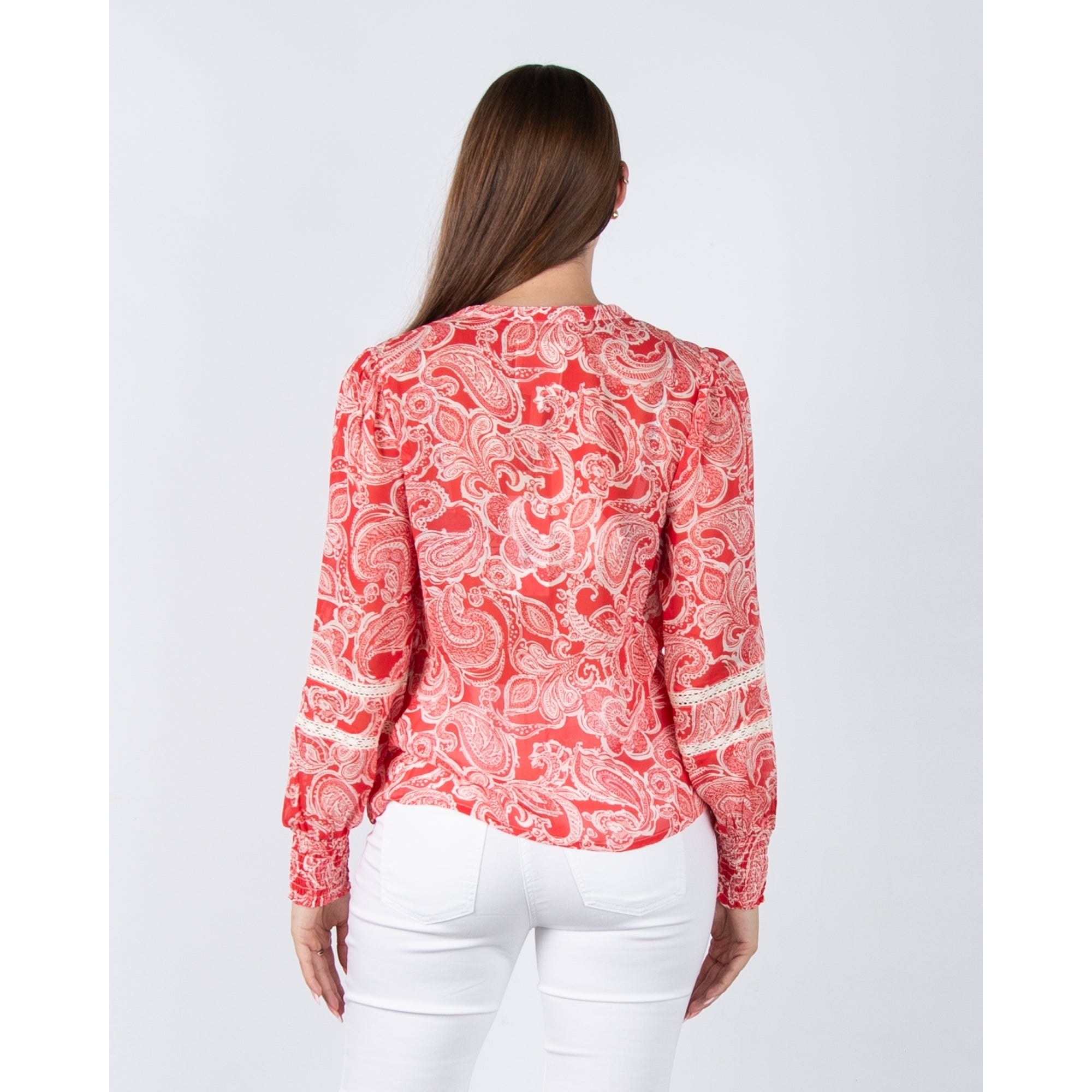 Part Two Nesma Paisley Print Blouse With Embroidered Ribbon Trim Coral/ecru