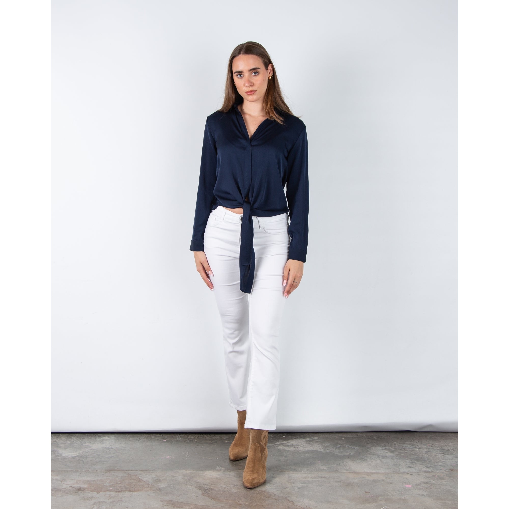 Silk95 Thai Silk Shirt Blouse With Tie Hem Navy