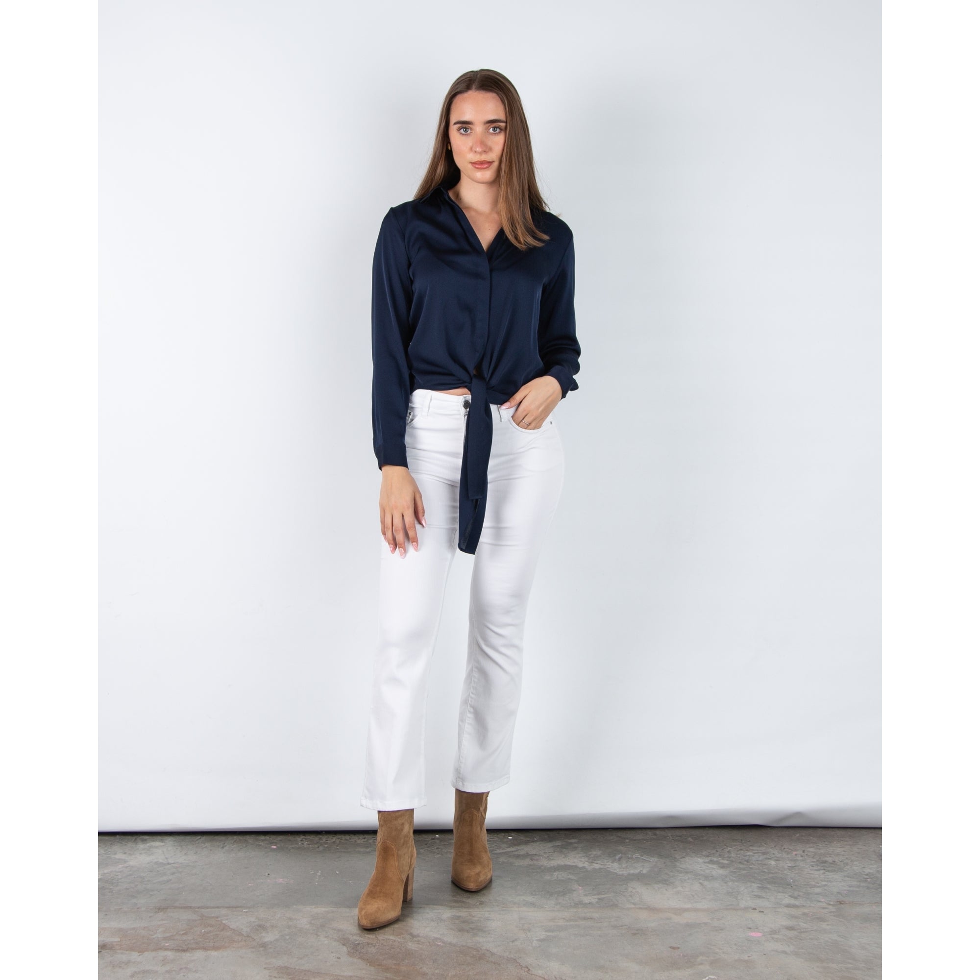 Silk95 Thai Silk Shirt Blouse With Tie Hem Navy