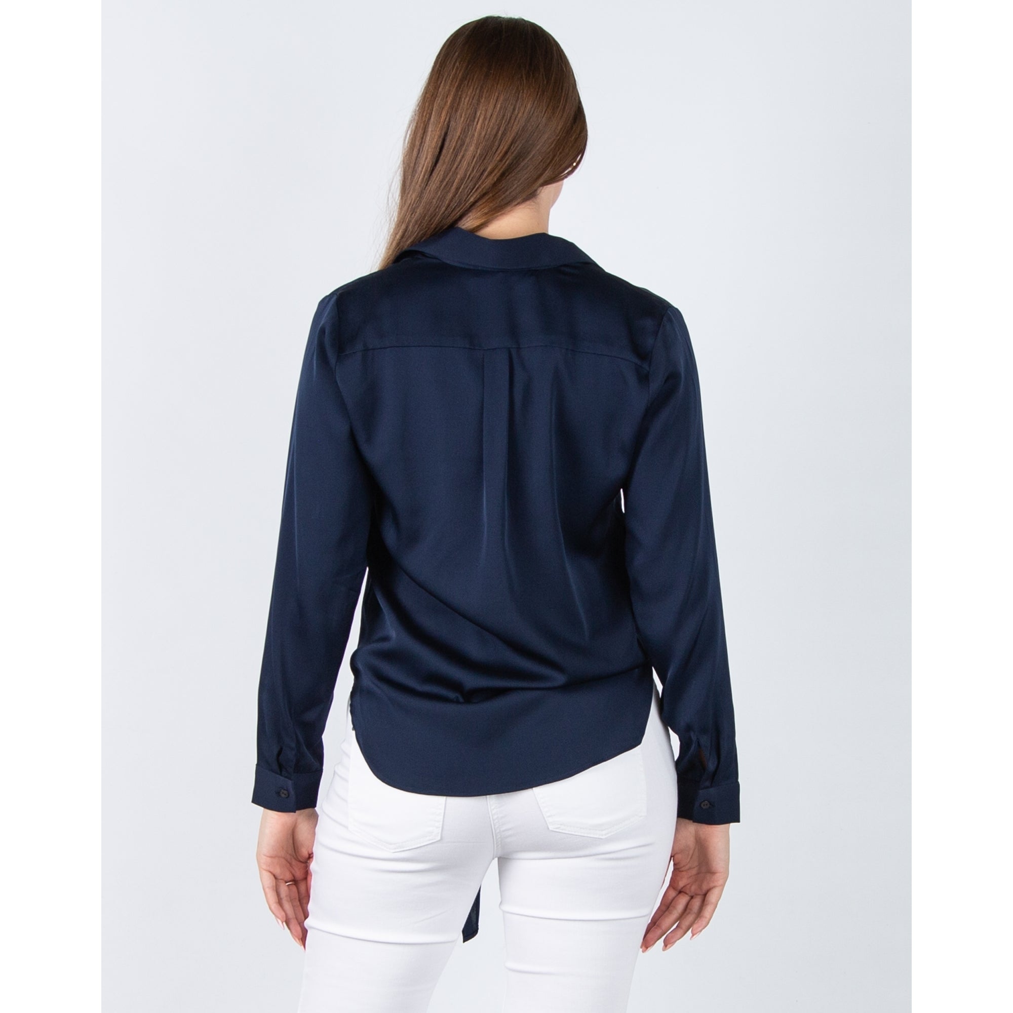 Silk95 Thai Silk Shirt Blouse With Tie Hem Navy