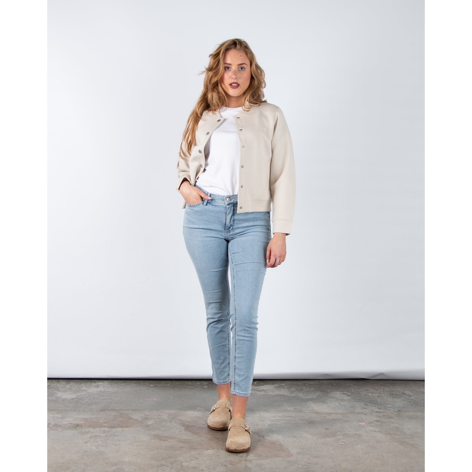 Red Button Scuba Button Down Bomber Jacket Beige
