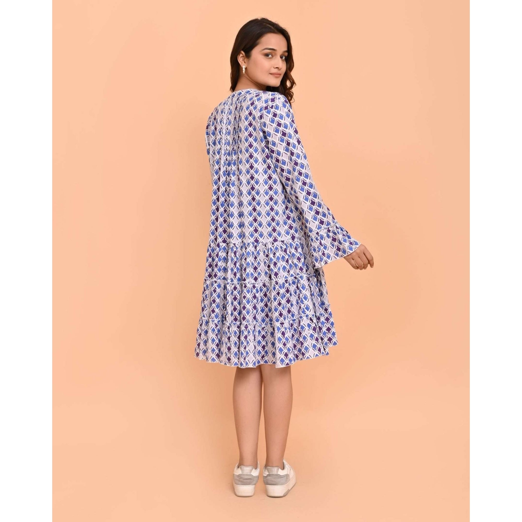 Dream Fashions Lobster Abstract Leaf Print Pleat Tiered Cotton Dress Maxton Blue