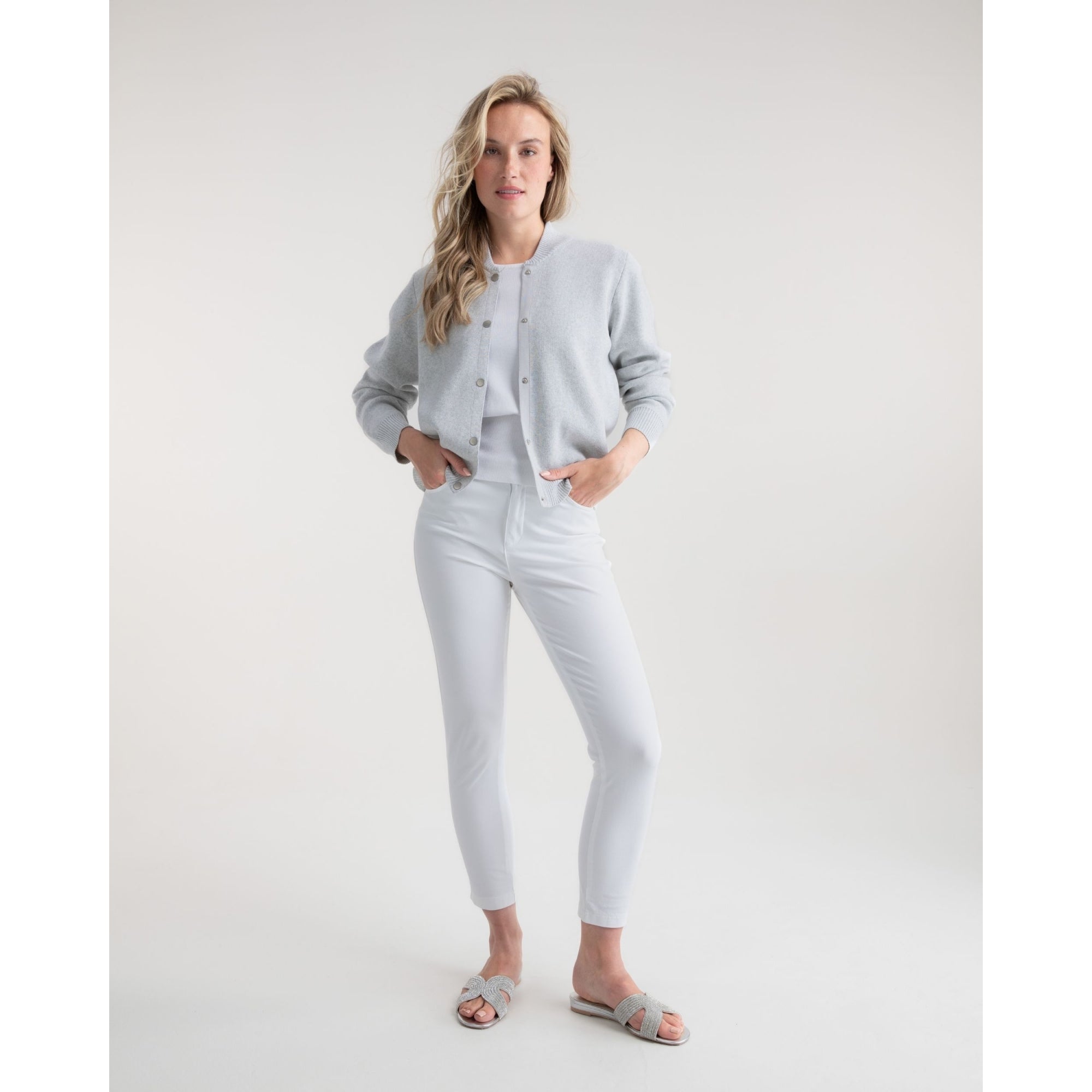 Marble Fashions Knitted Bomber Jacket With Ribbed Trim Silver Grey 106