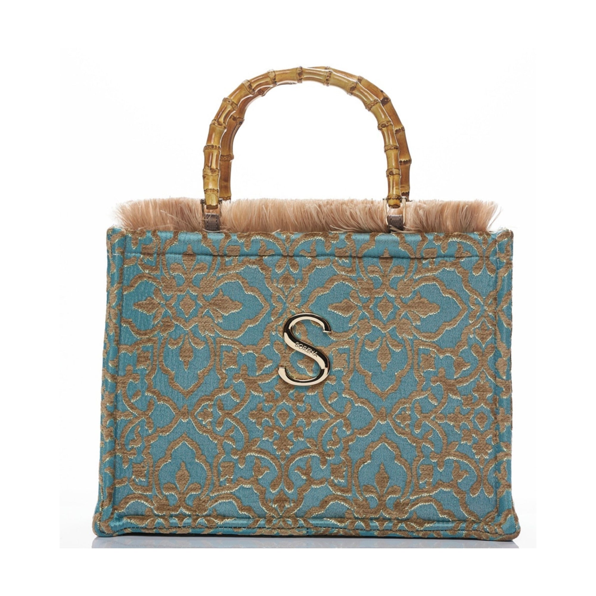 Sorena Greece Akrogiali Velvet Baroque Beach Bag With Bamboo Handle Turquoise/gold