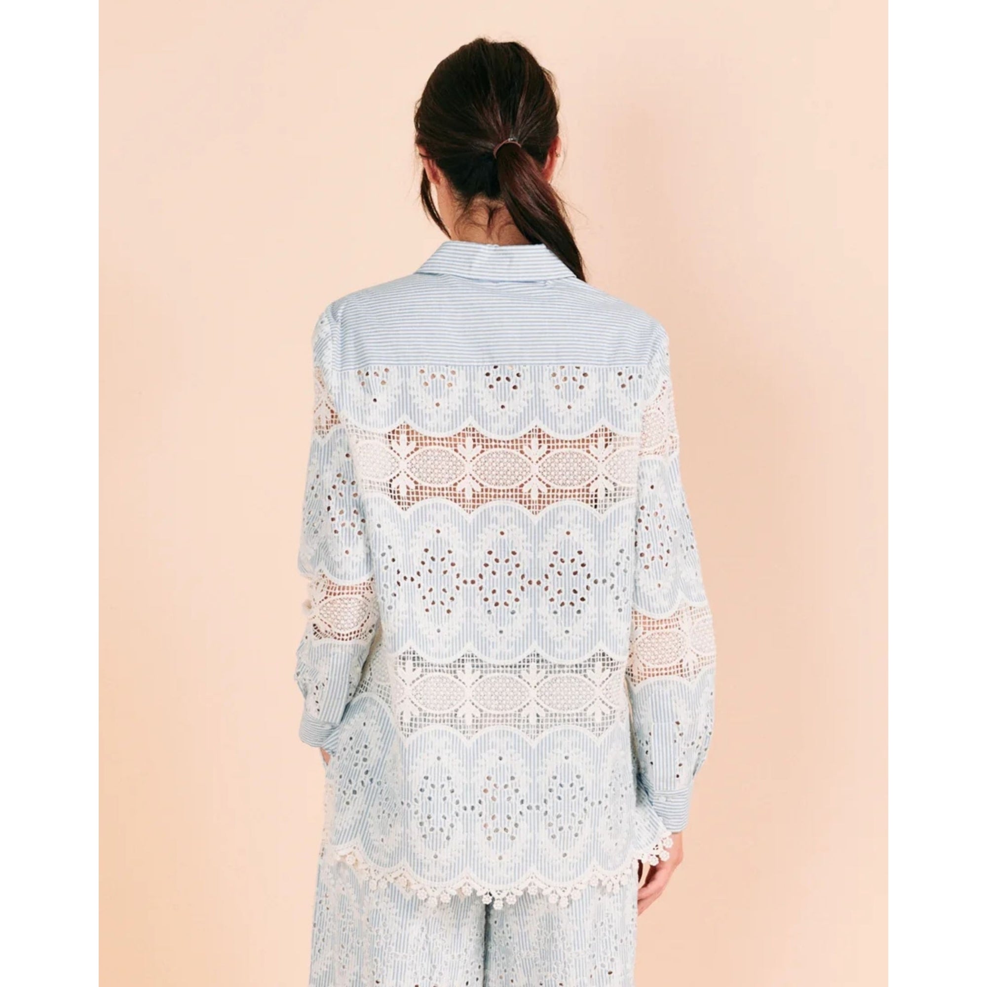 Valerie Khalfon Calama Stripe Shirt With Cutwork Embroidery Blue/ecru