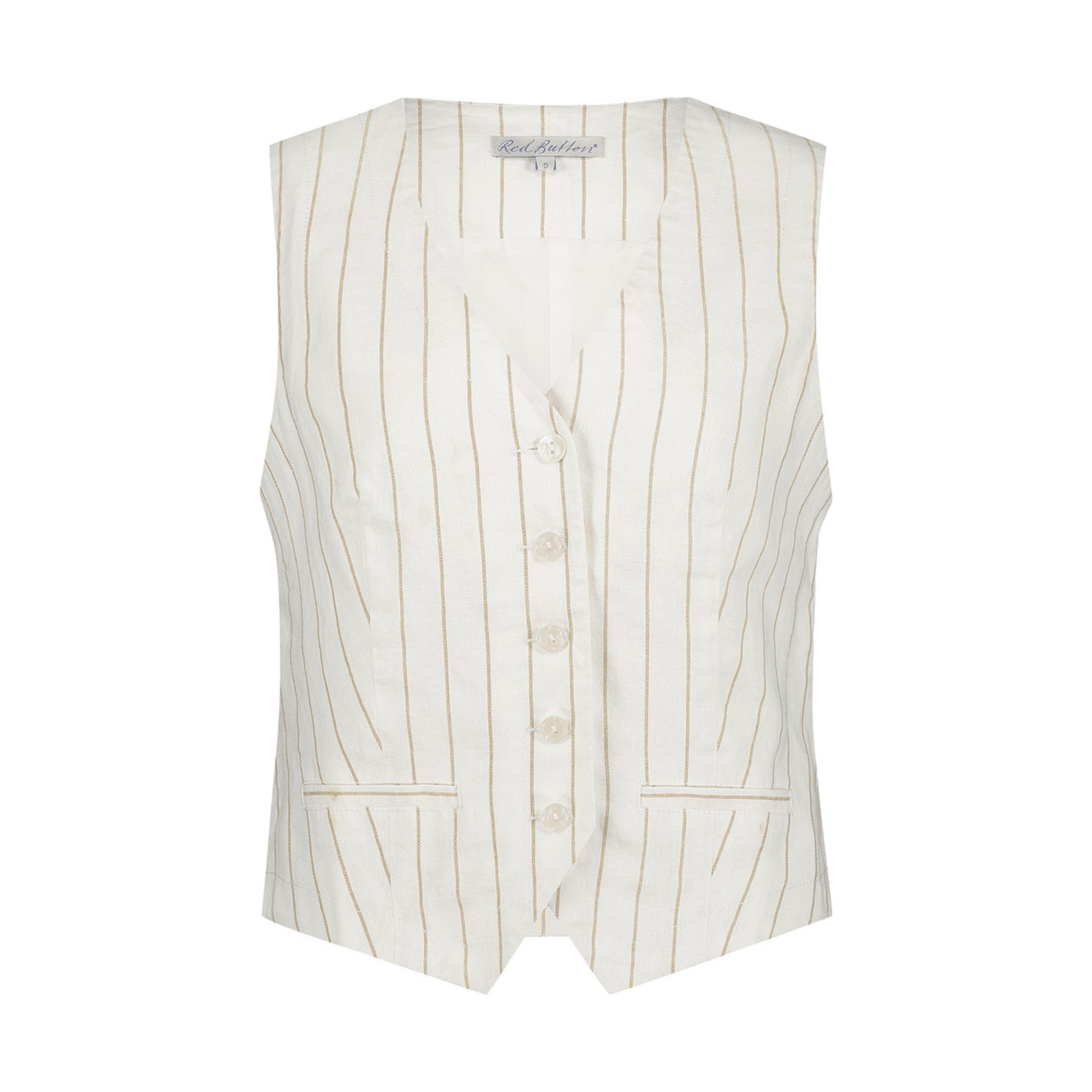 Red Button Pinstripe Linen Waistcoat Off White/Beige