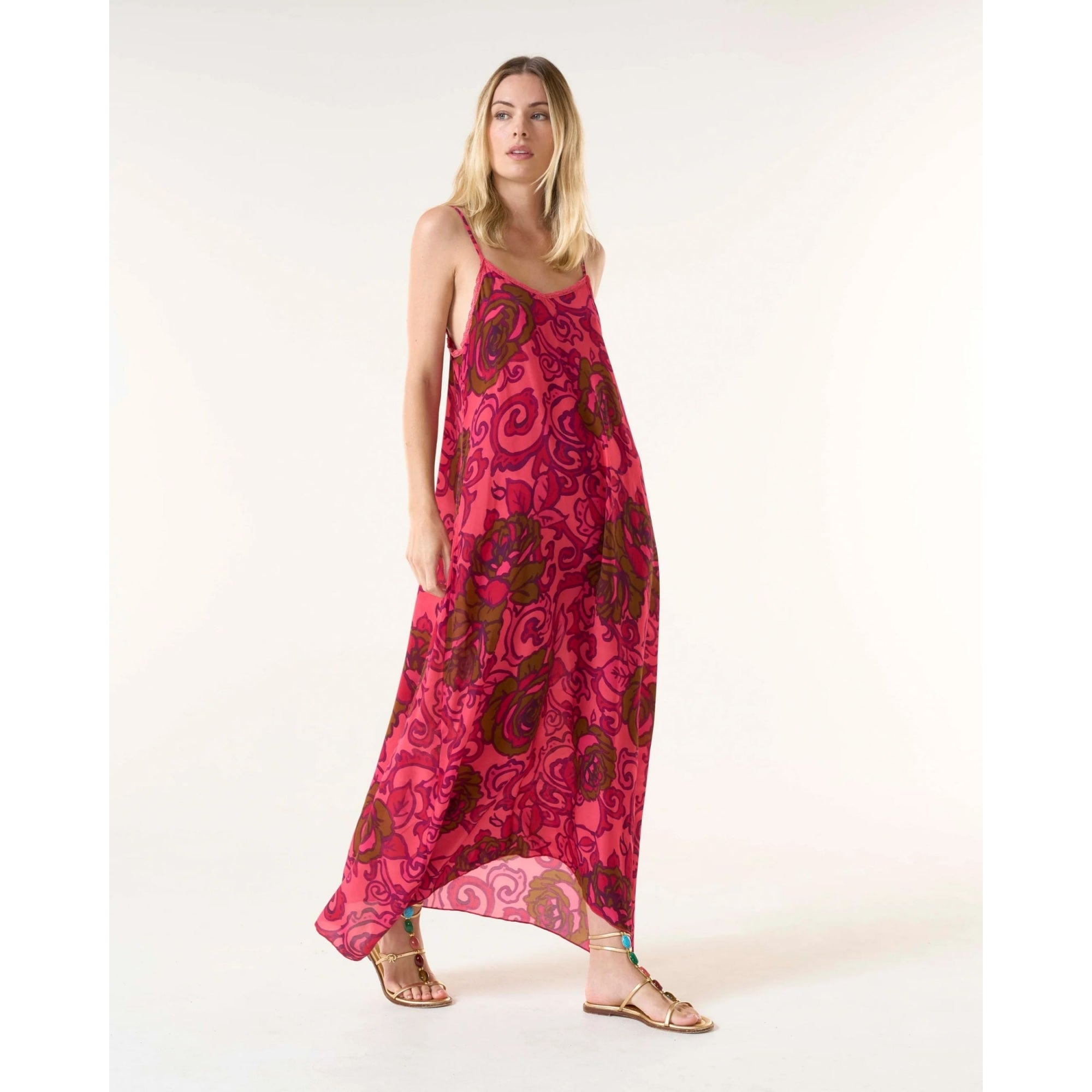 One Season Antoinette Rose Print Spaghetti Strap Maxi Dress San Sebastian Hot Coral