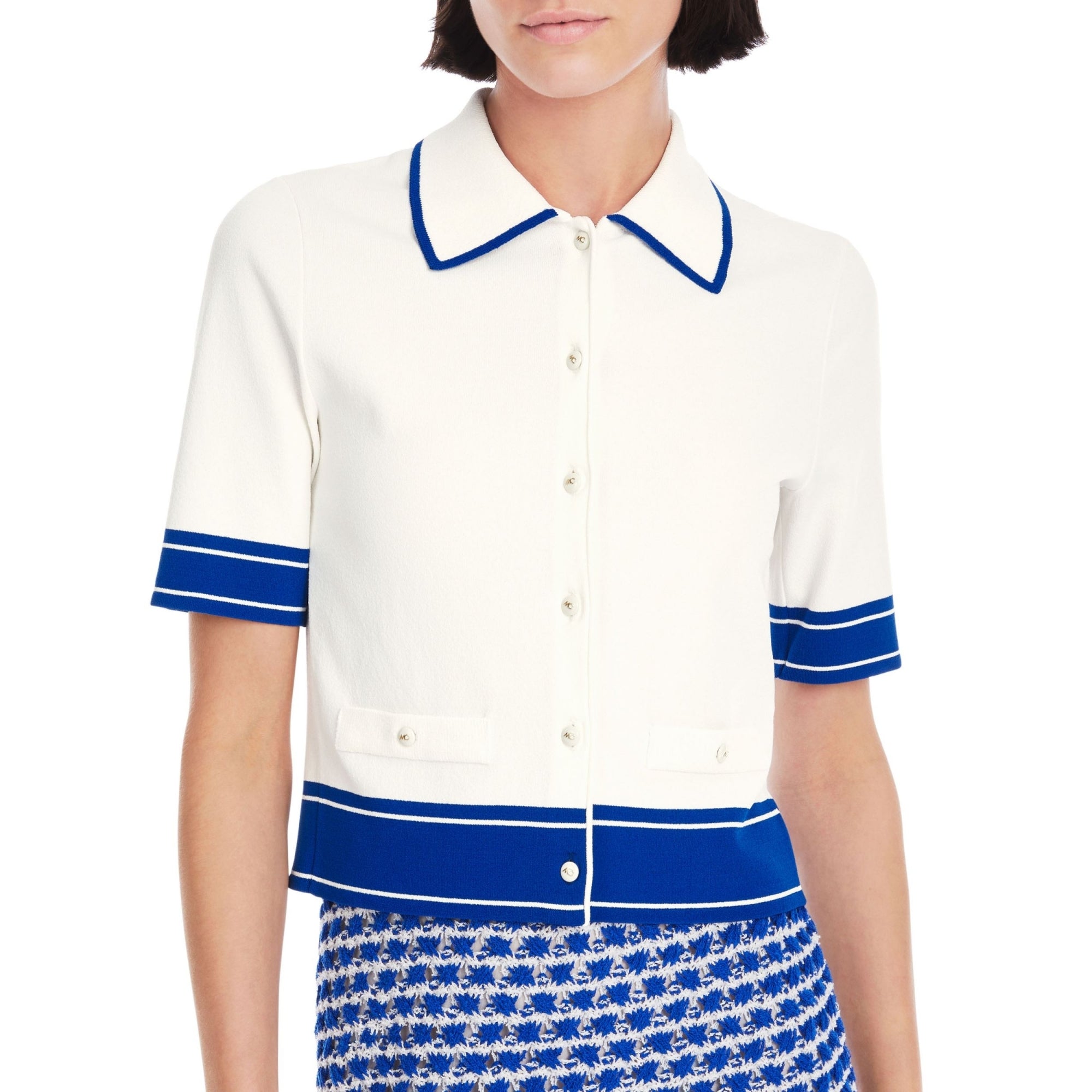 Marc Cain Stripe Trim Button Through Polo Top White/blue