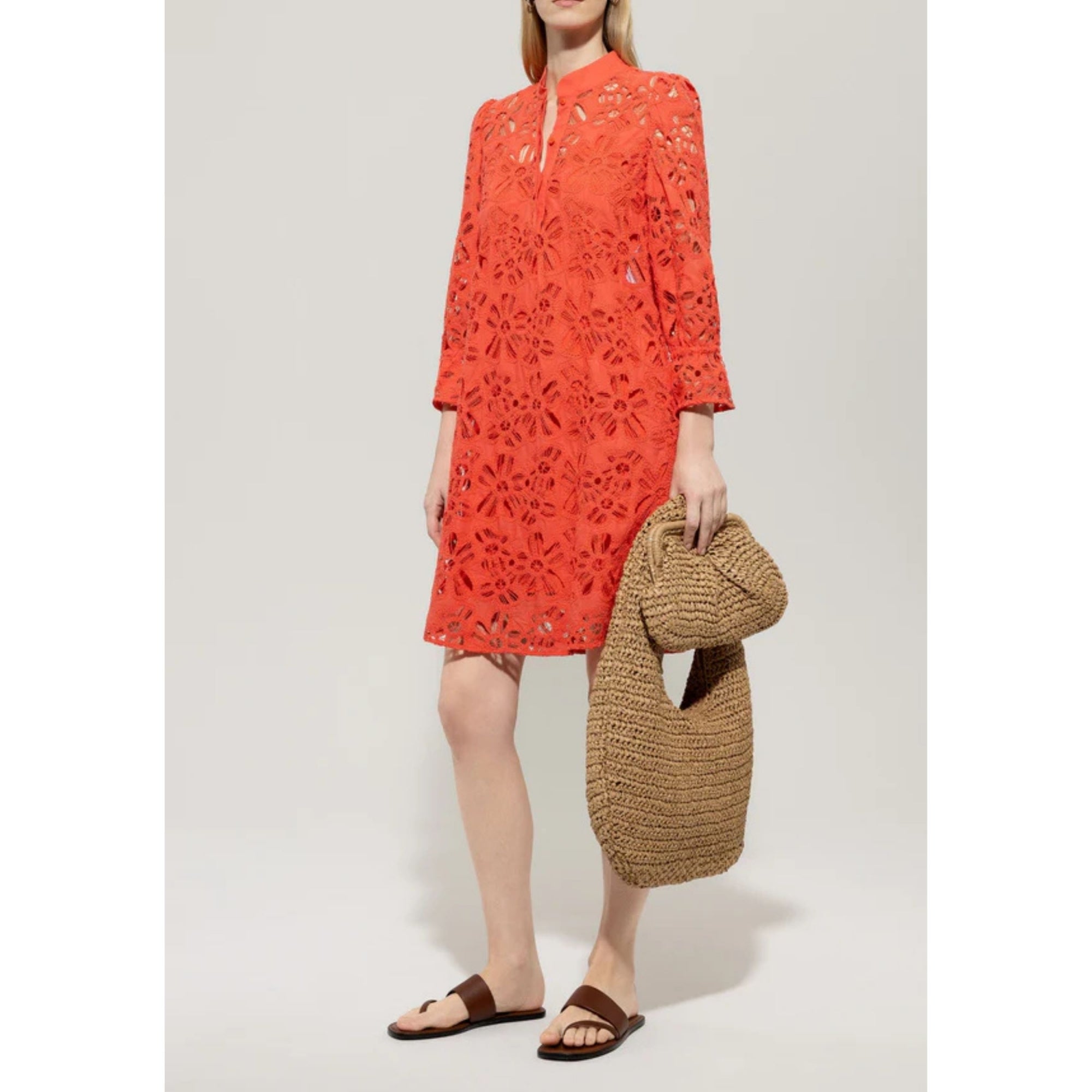 Luisa Cerano Cut Out Embroidered Collarless Dress Coral