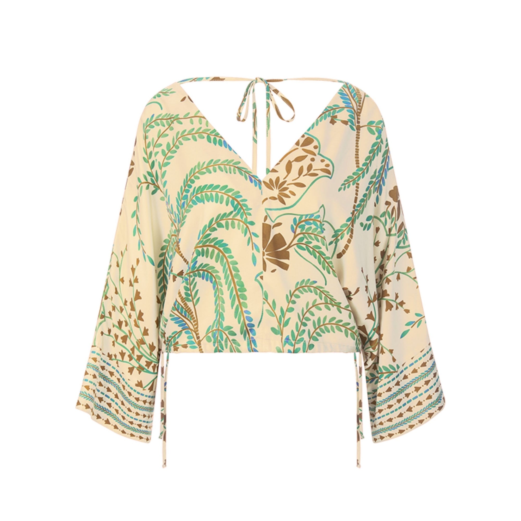 Riani Leaf Print V Neck Blouse With Side Ties (Shorter) Cream/green