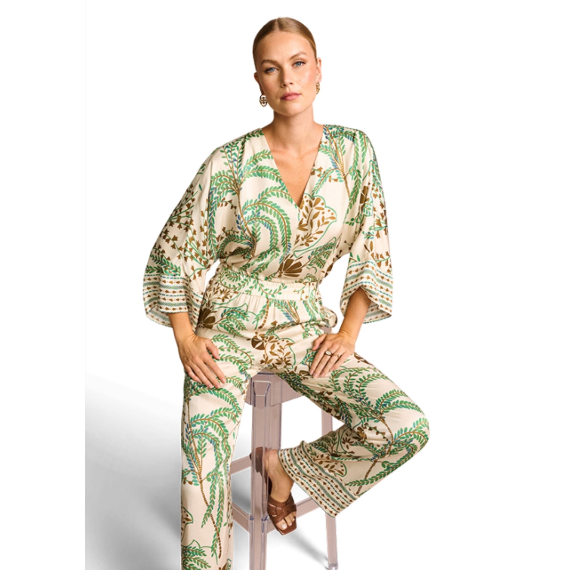 Riani Leaf Print V Neck Blouse With Side Ties (Longer) Cream/green