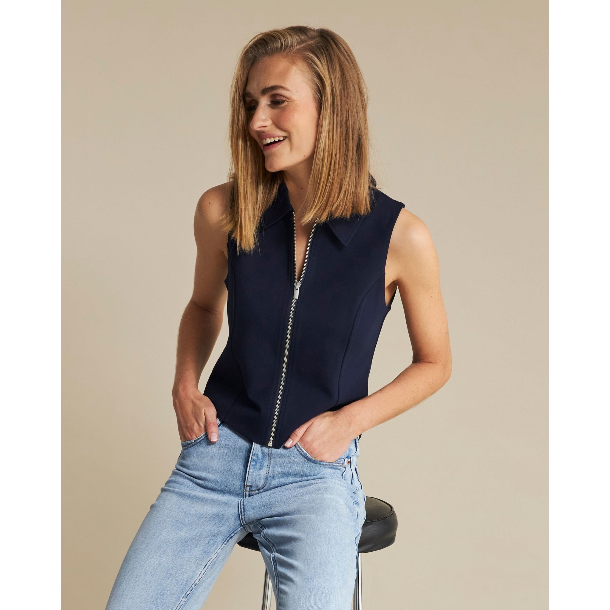 Red Button Punta Zip Front Waistcoat With Collar Dark Blue