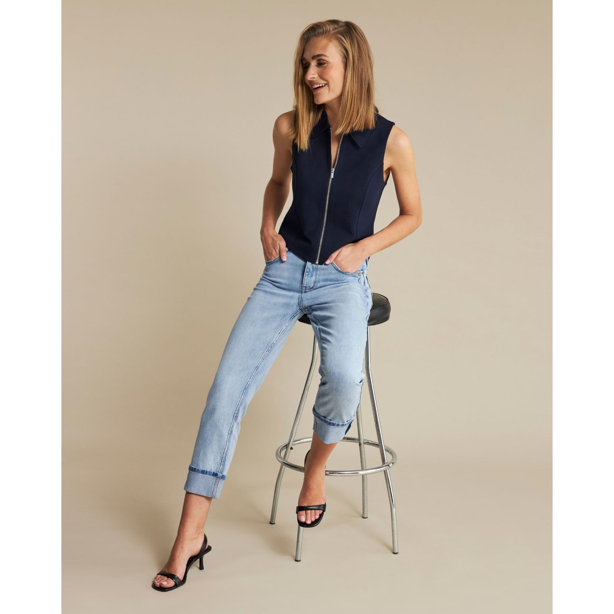 Red Button Punta Zip Front Waistcoat With Collar Dark Blue