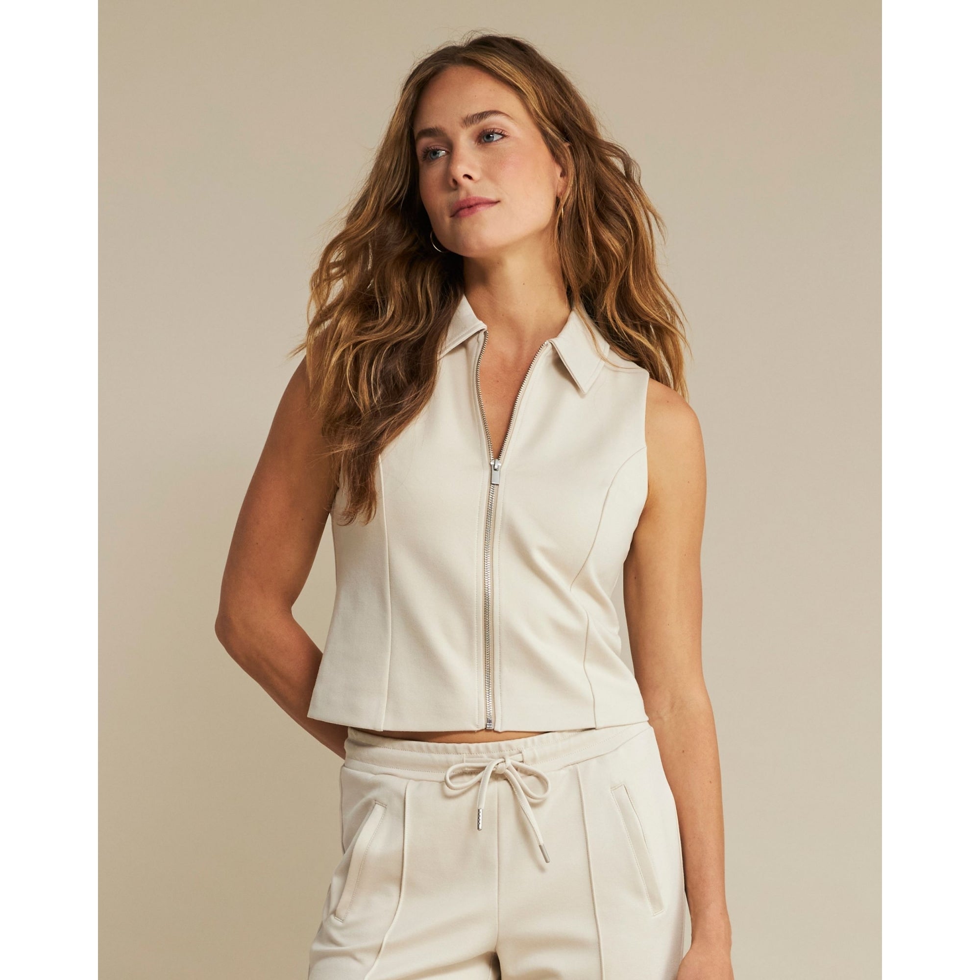 Red Button Punta Zip Front Waistcoat With Collar Beige