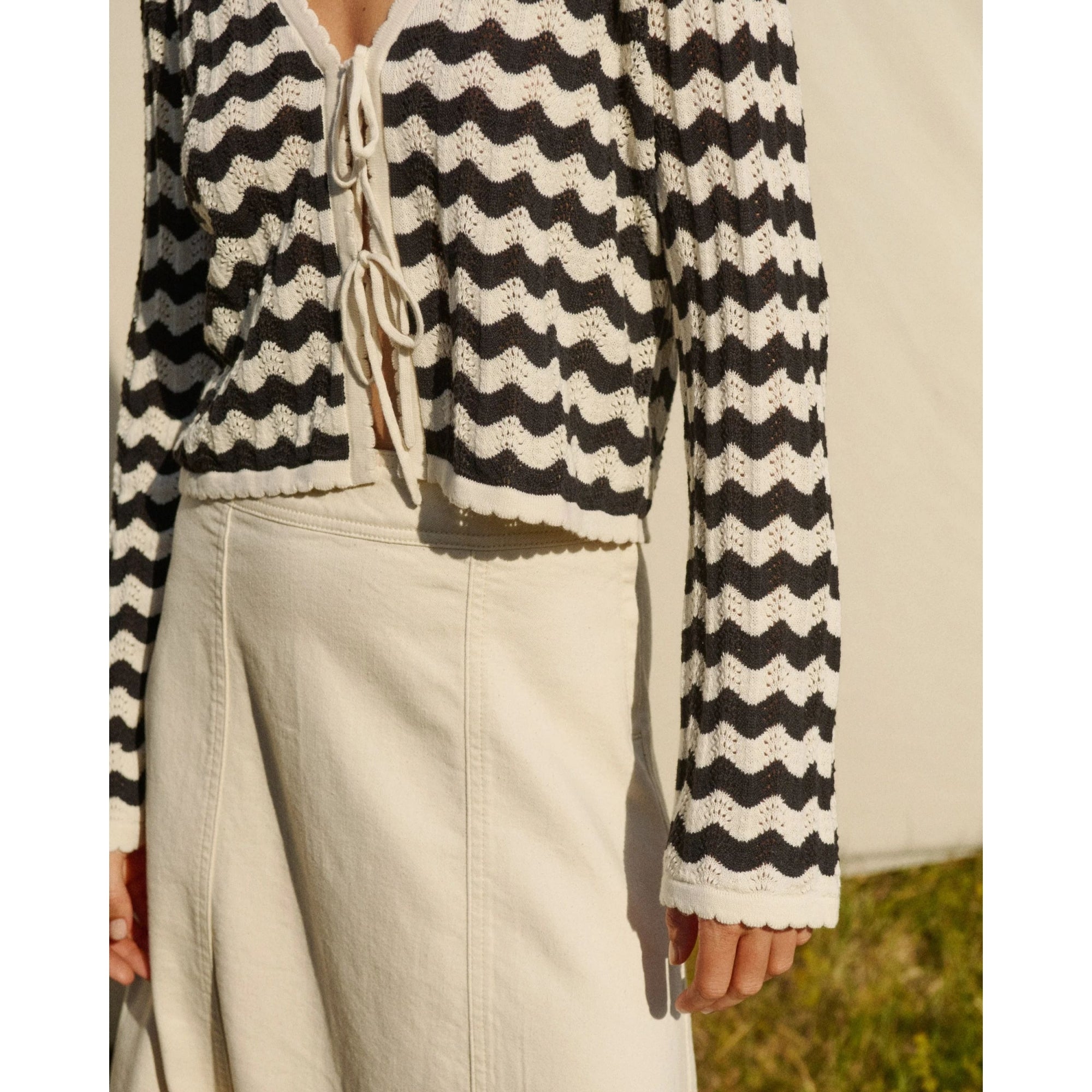 Part Two Rosefine Crochet Wave Knit Tie Front Cardigan Black/ecru