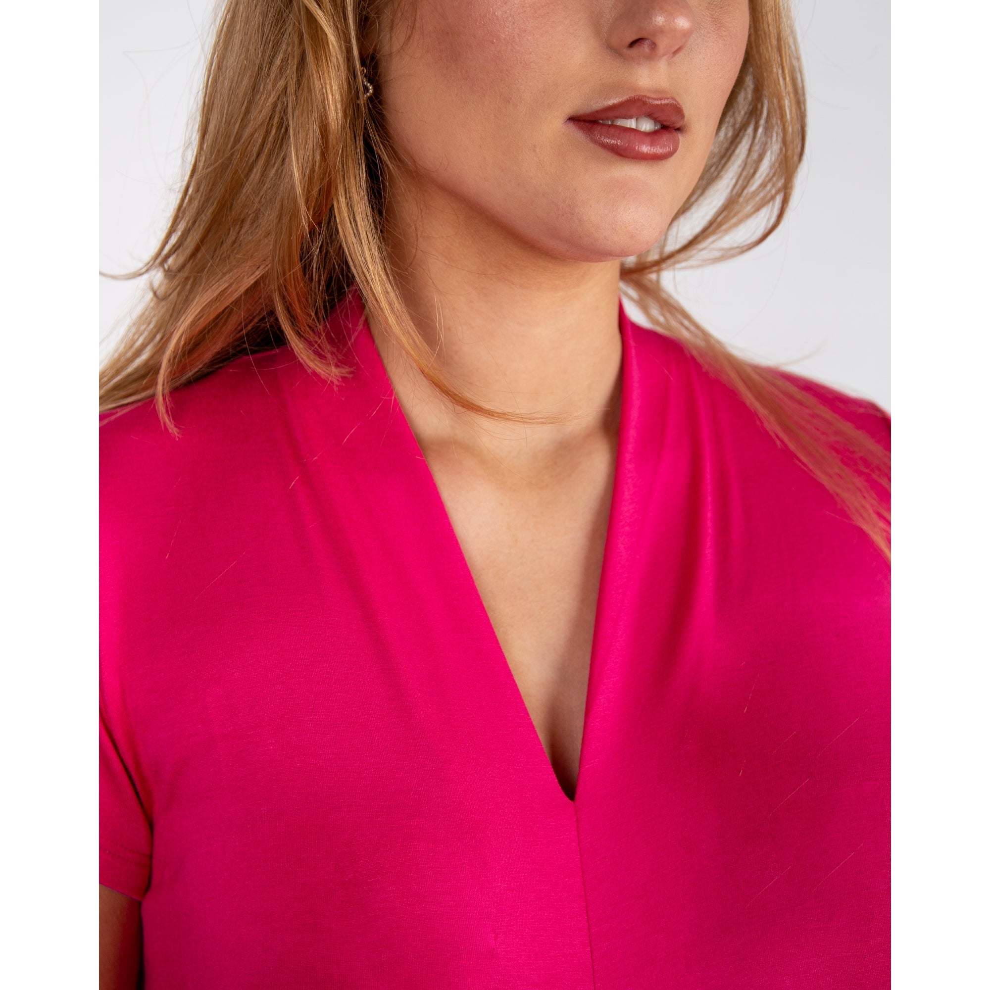 Tinta Style Adolfina V Neck Pleat Front Long Plain Jersey Dress Fuchsia