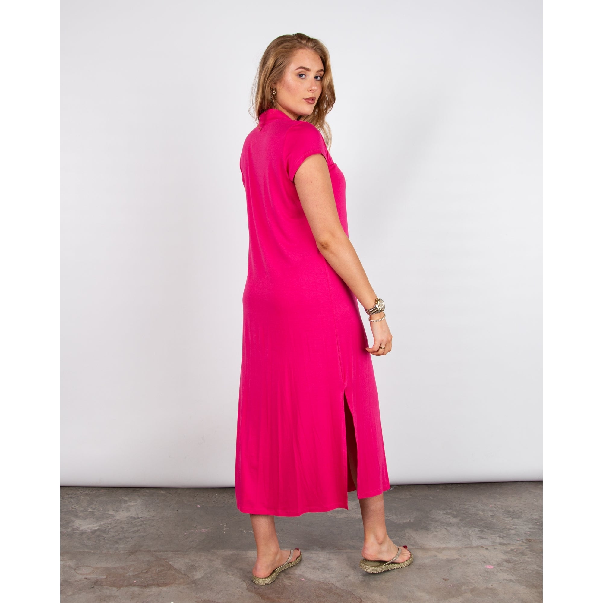 Tinta Style Adolfina V Neck Pleat Front Long Plain Jersey Dress Fuchsia