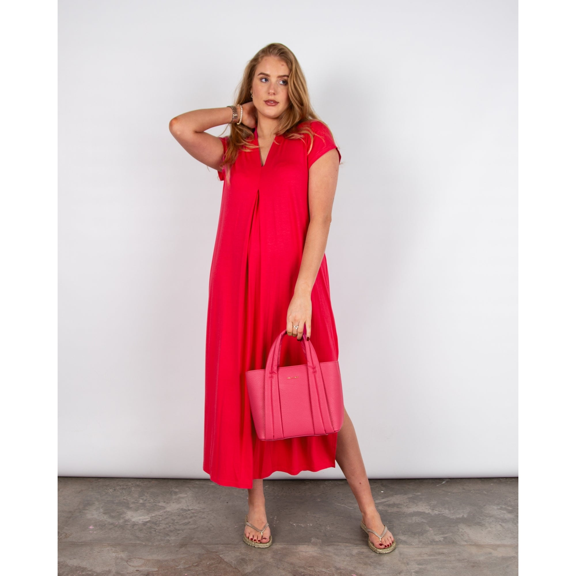 Tinta Style Adolfina V Neck Pleat Front Long Plain Jersey Dress Red
