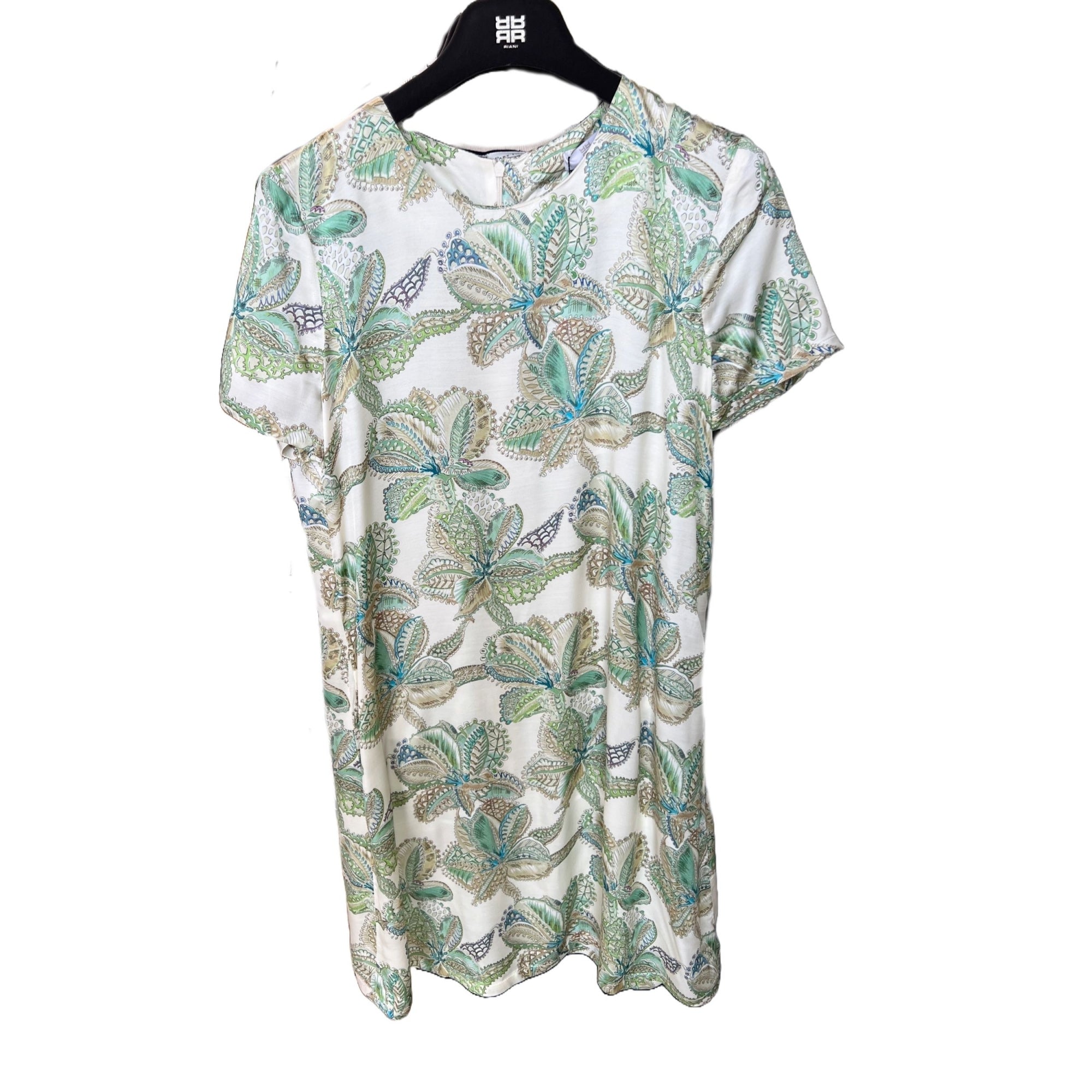 Riani Leaf Print Round Neck Silk Shift Dress Green/ecru