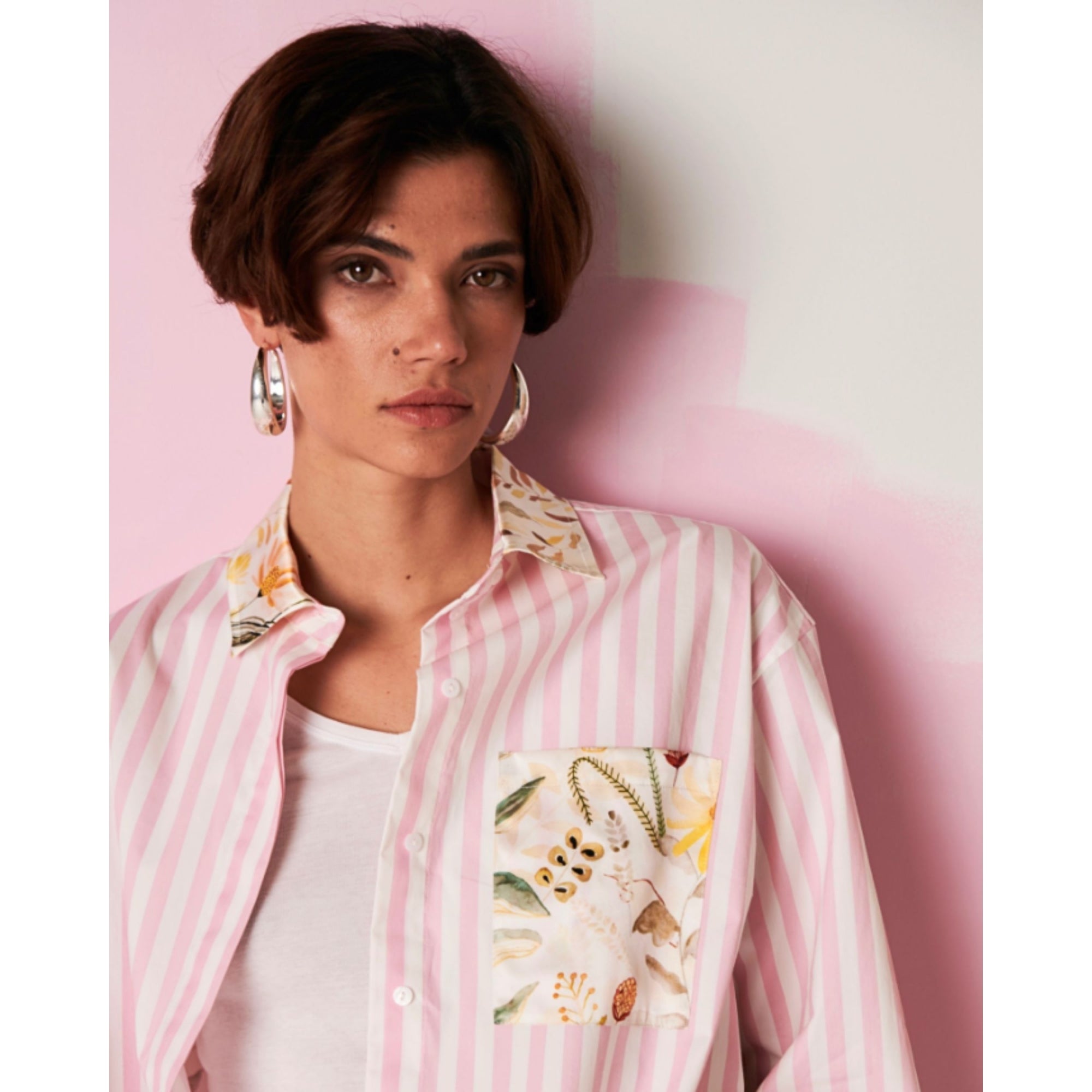 Herzens Angelegenheit Oversized Stripe Shirt With Floral Silk Back A Baby Pink/white