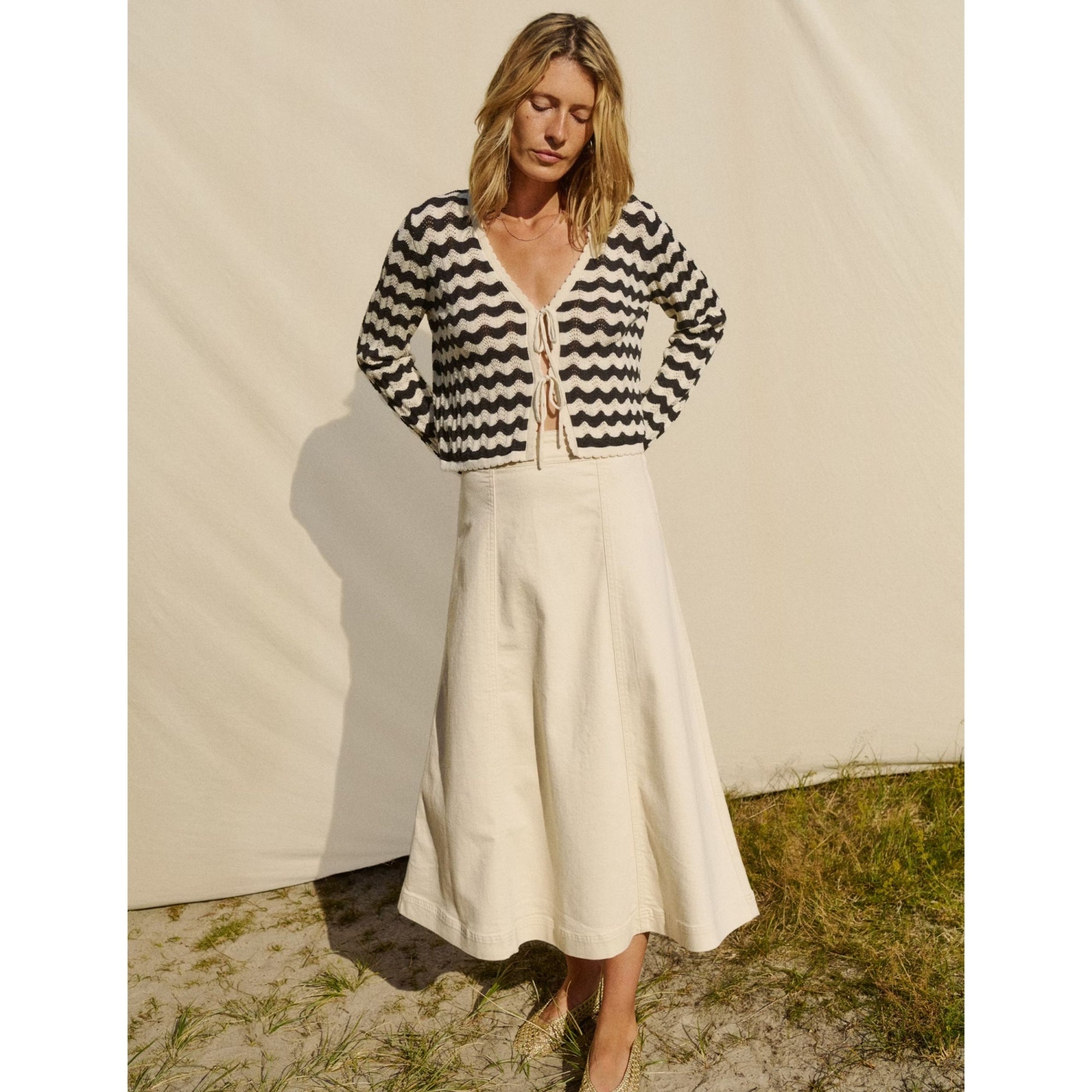 Part Two Rosefine Crochet Wave Knit Tie Front Cardigan Black/ecru