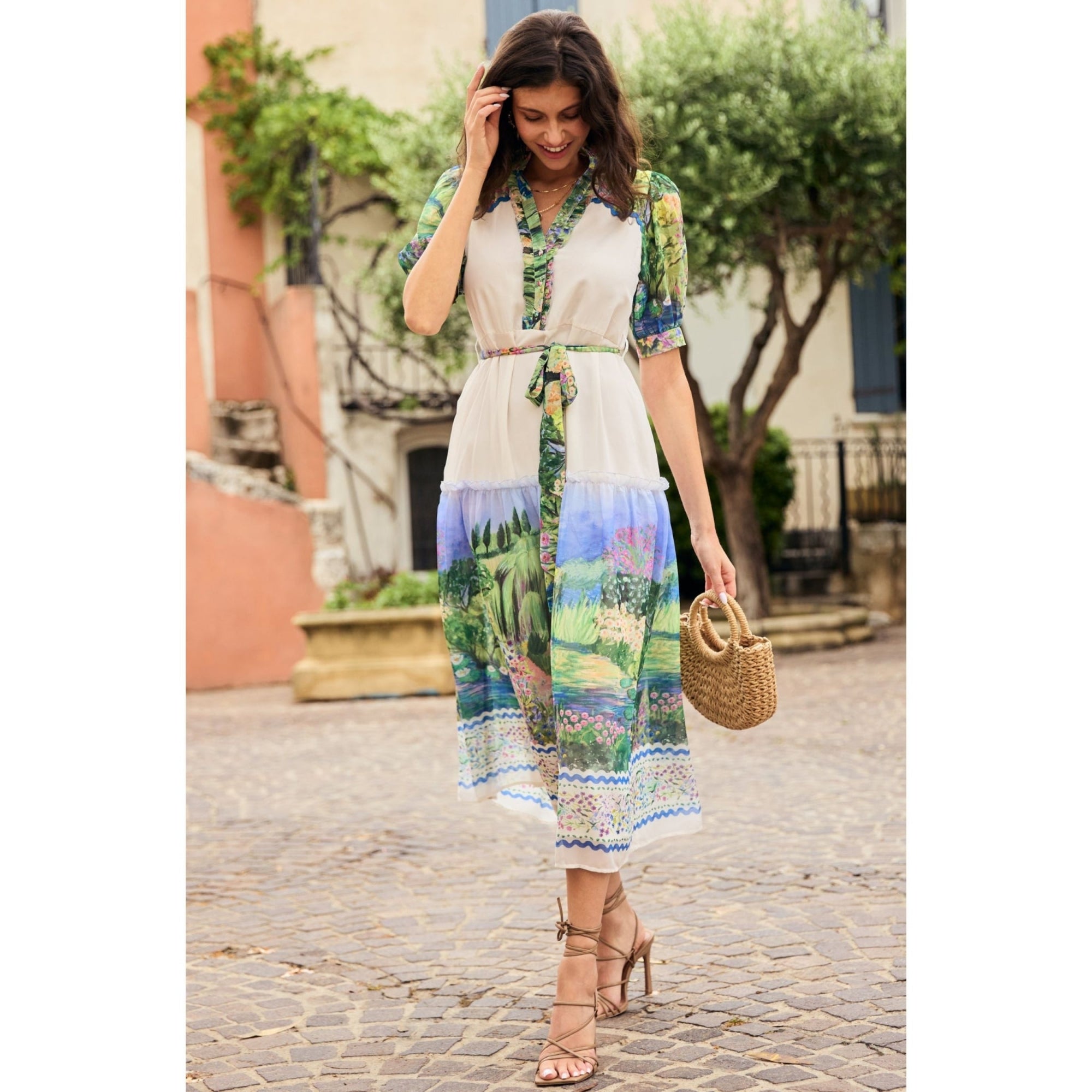 Hope And Ivy Zara Gardens Of Giverny Tiered Dress With Frill Neck Green Multi SisterOnlinestore Hope And Ivy Zara Gardens Of Giverny Tiered Dress With Frill Neck Green Multi SisterOnlinestore
