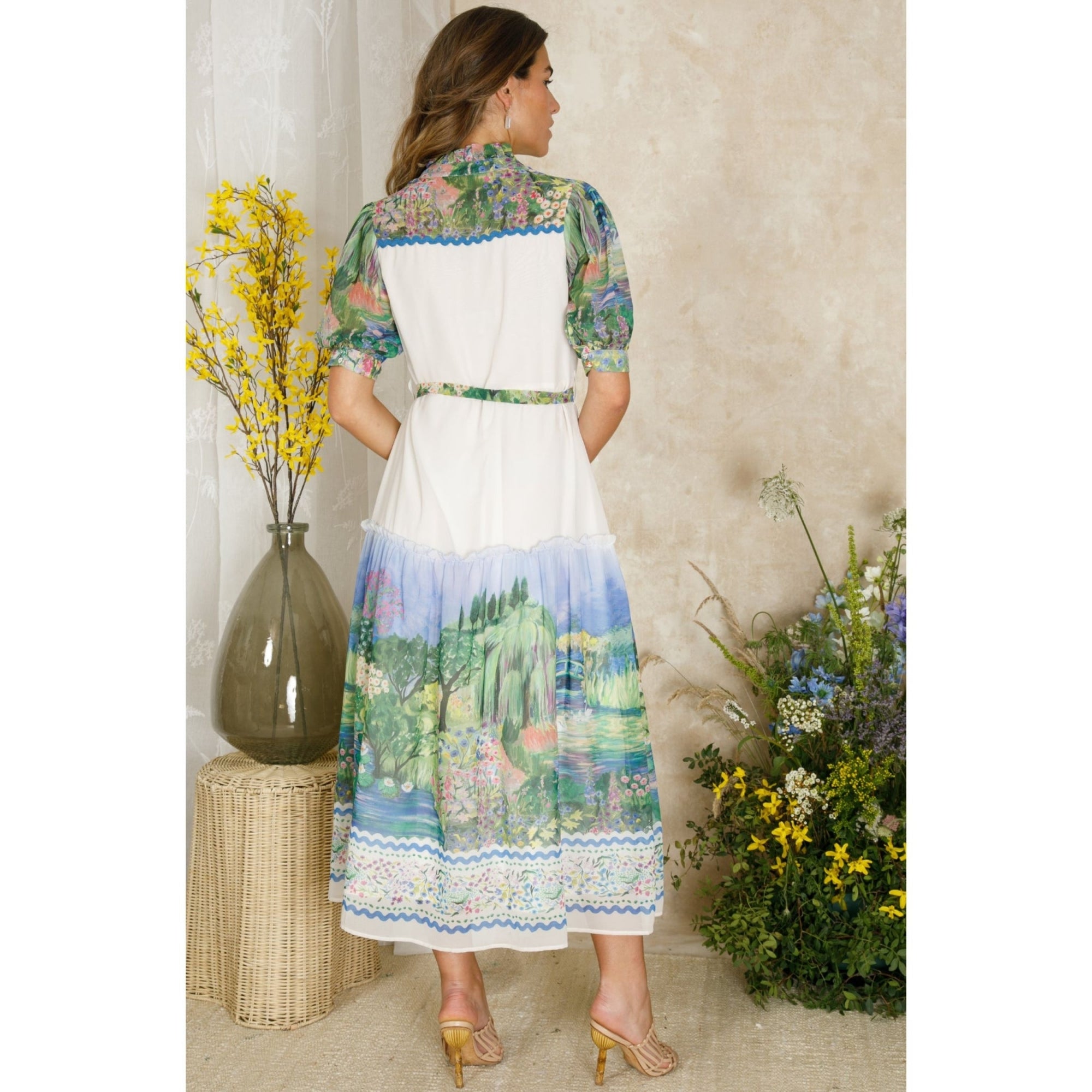 Hope And Ivy Zara Gardens Of Giverny Tiered Dress With Frill Neck Green Multi